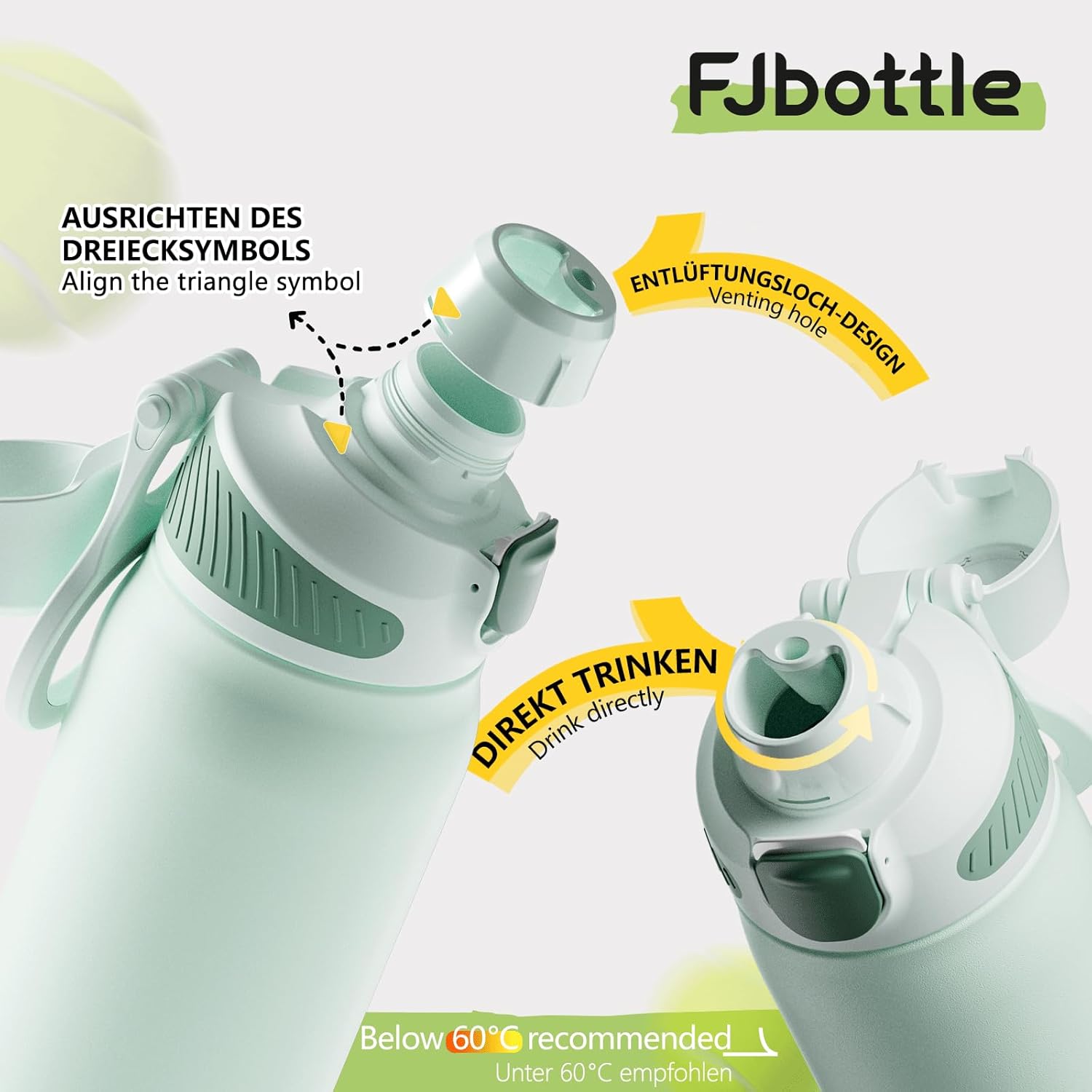 Fjbottle Thermosfles met rietje, magnetische handgreep voor telefoon + dubbel drinksysteem, sportfles, 1 l/700/600 ml, opening met 1 klik, BPA-vrij, lekvrij, voor fitnessstudio, yoga