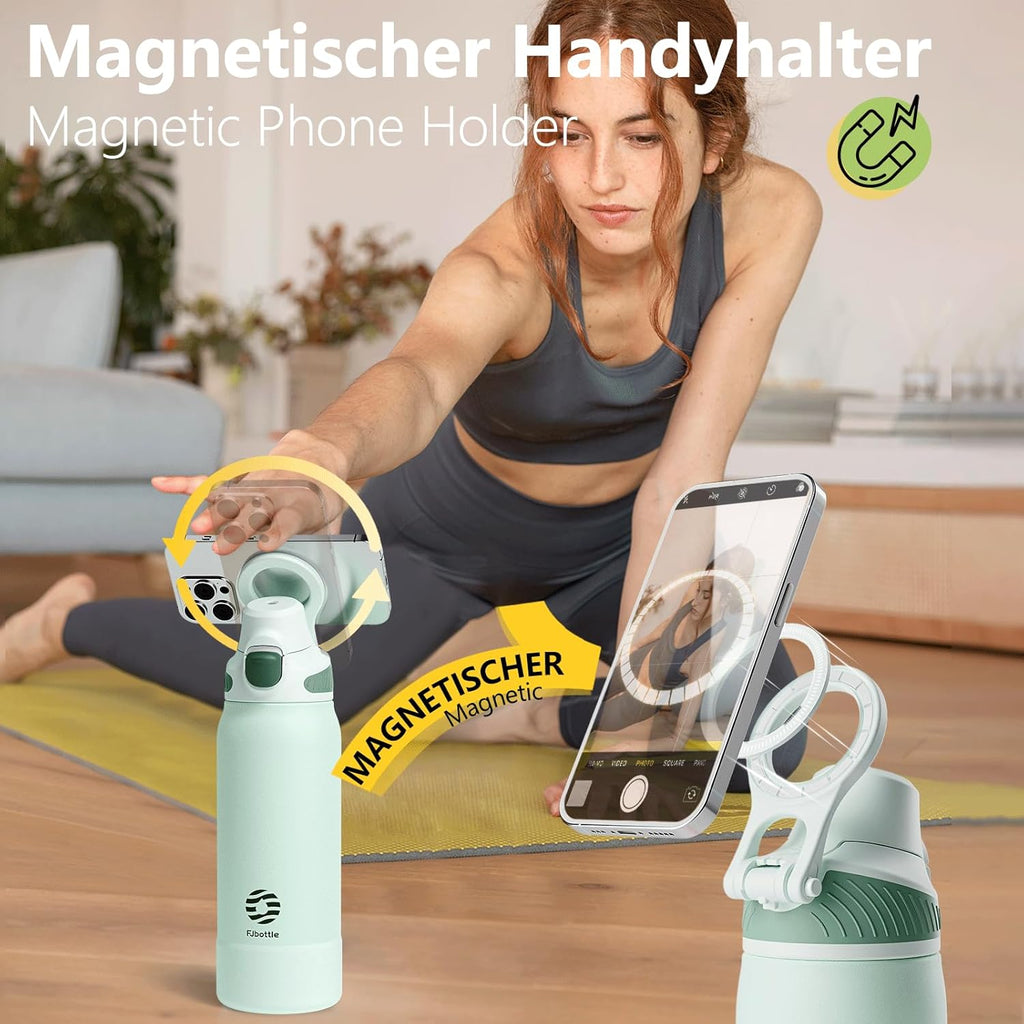 Fjbottle Thermosfles met rietje, magnetische handgreep voor telefoon + dubbel drinksysteem, sportfles, 1 l/700/600 ml, opening met 1 klik, BPA-vrij, lekvrij, voor fitnessstudio, yoga
