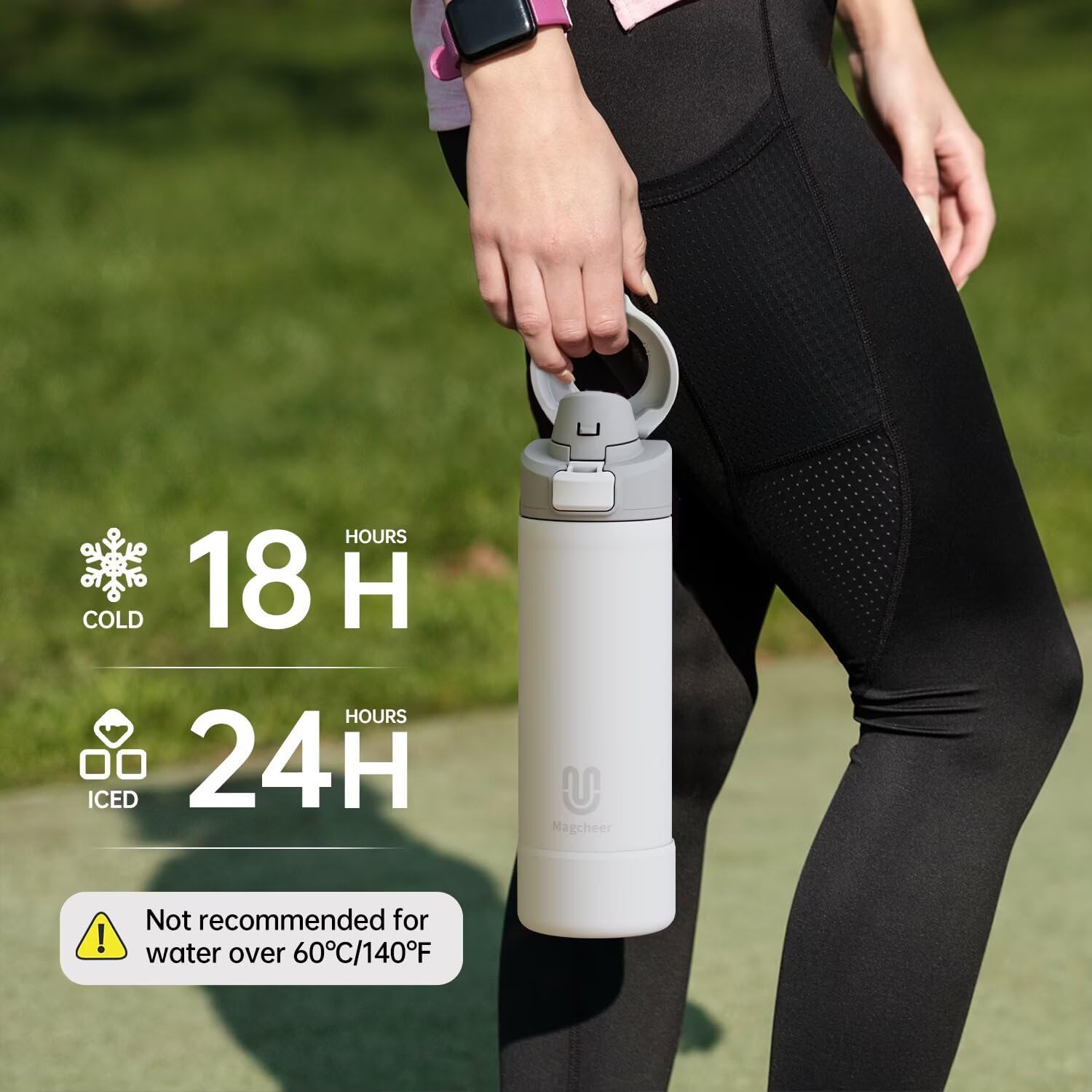 Magcheer Magnetische waterfles met telefoonhouder compatibel met MagSafe geïsoleerde sportfles voor koude dranken voor 24 uur statief fles voor reizen en fitness selfie (zwart)