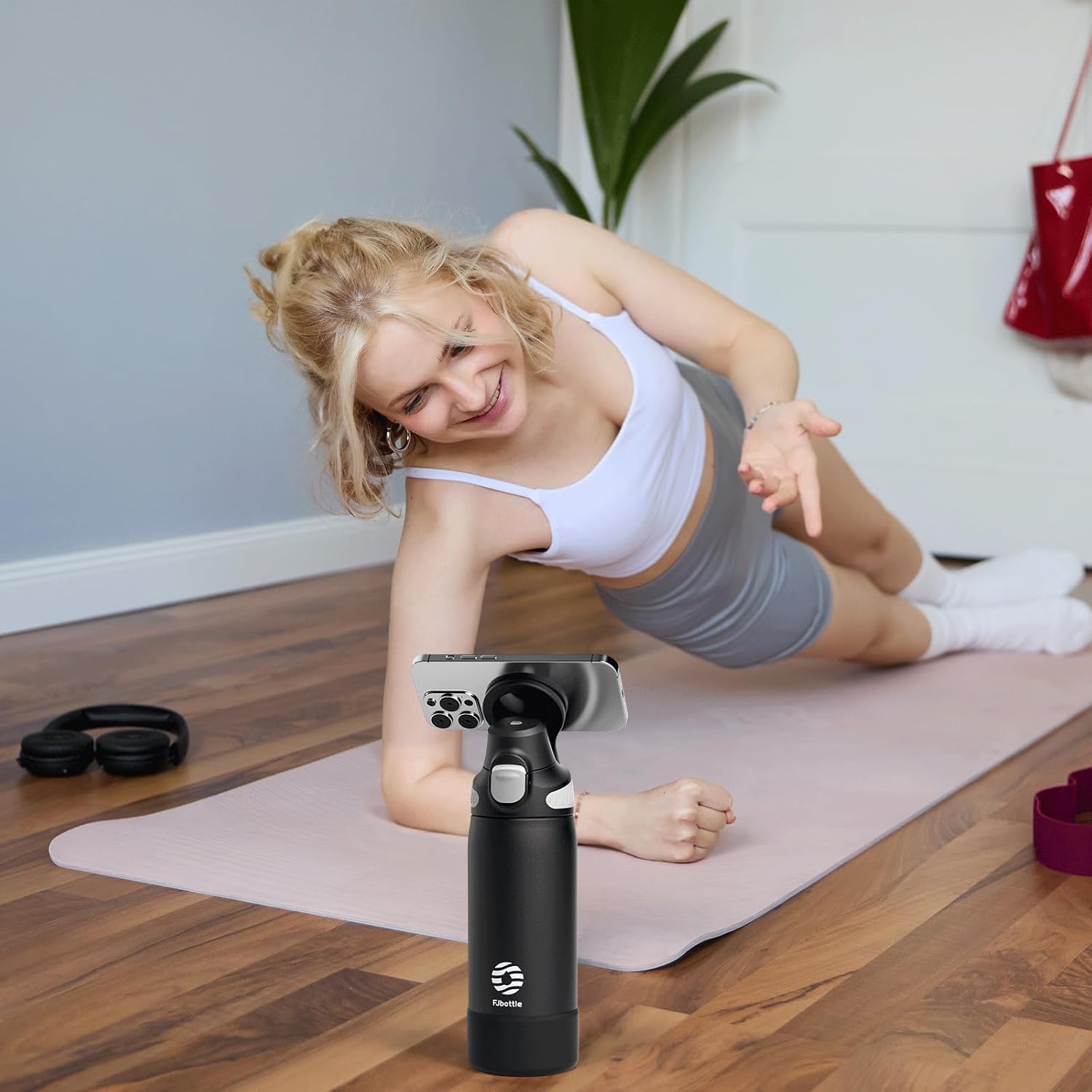Fjbottle Thermosfles met rietje, magnetische handgreep voor telefoon + dubbel drinksysteem, sportfles, 1 l/700/600 ml, opening met 1 klik, BPA-vrij, lekvrij, voor fitnessstudio, yoga