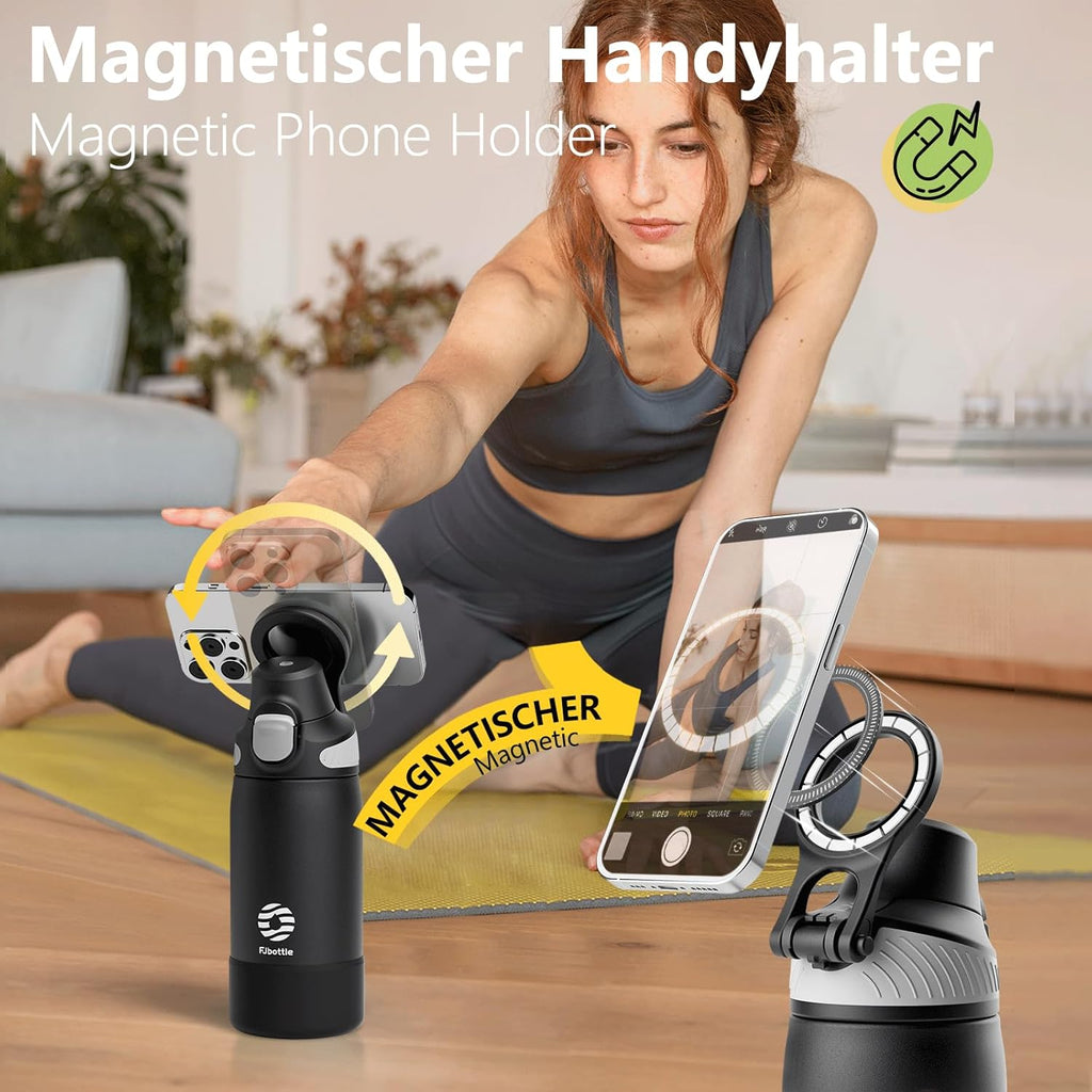 Fjbottle Thermosfles met rietje, magnetische handgreep voor telefoon + dubbel drinksysteem, sportfles, 1 l/700/600 ml, opening met 1 klik, BPA-vrij, lekvrij, voor fitnessstudio, yoga