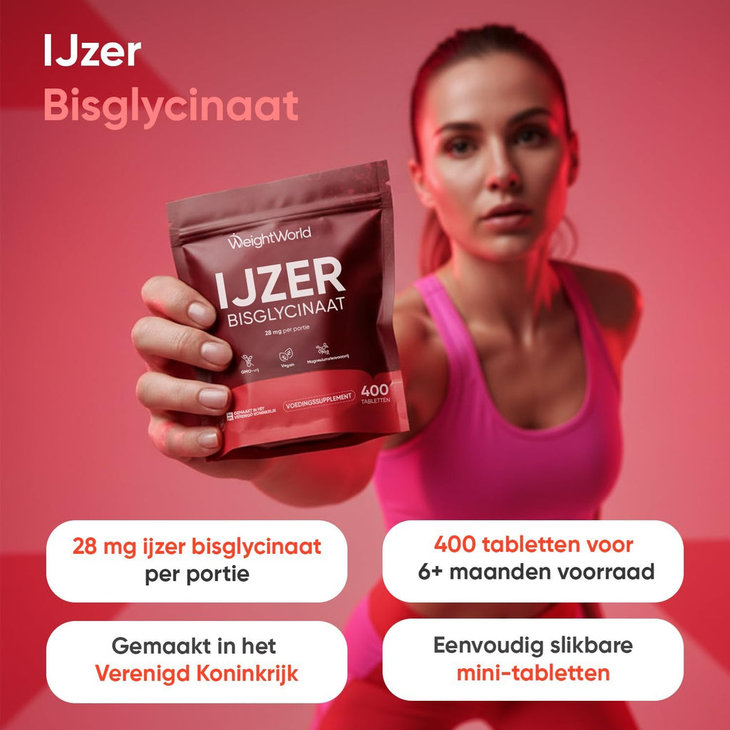 IJzer Bisglycinaat tabletten - 28 mg IJzer per portie - 400 tabletten voor 6+ maanden voorraad - Gemaakt in het Verenigd Koninkrijk - Vegan - Makkelijk slikbare mini-tabletten - Van WeightWorld