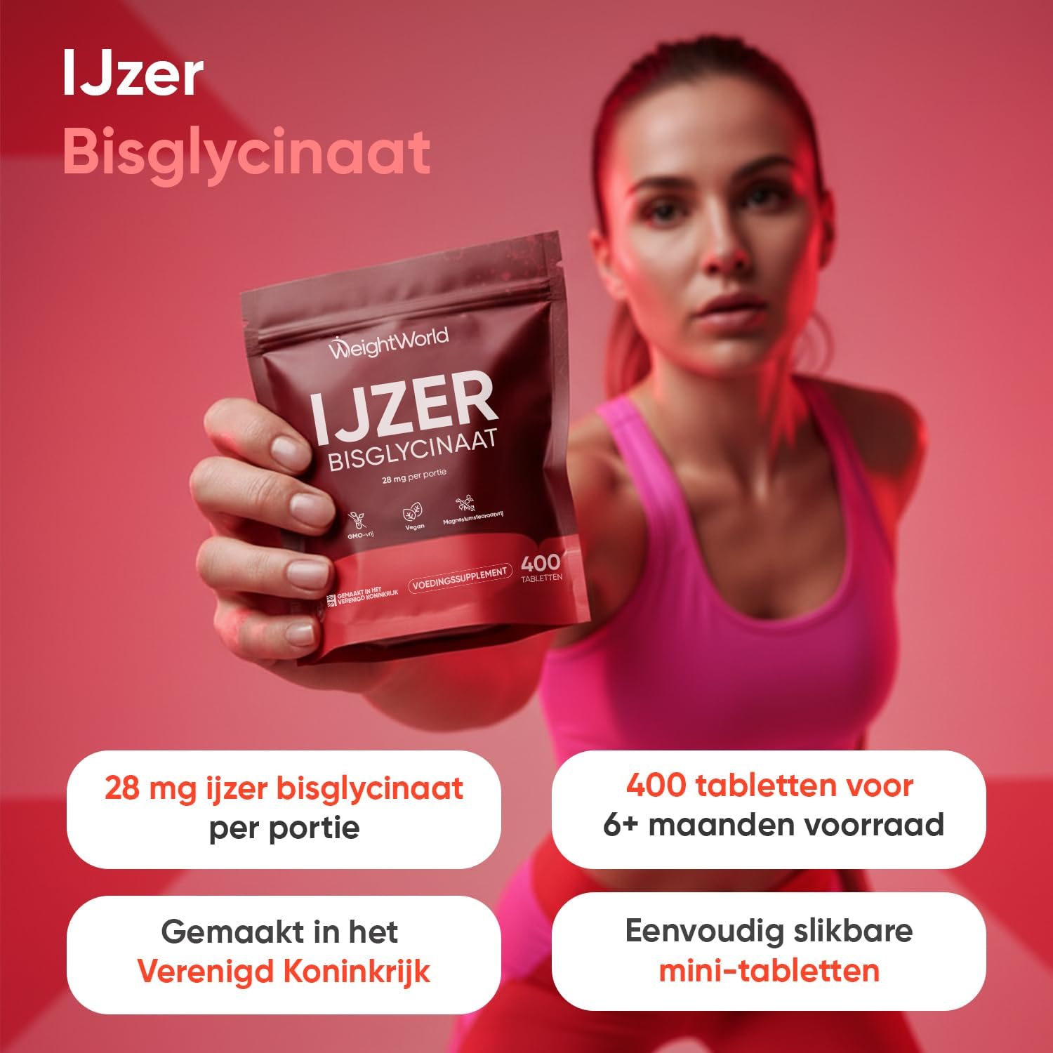 IJzer Bisglycinaat tabletten - 28 mg IJzer per portie - 400 tabletten voor 6+ maanden voorraad - Gemaakt in het Verenigd Koninkrijk - Vegan - Makkelijk slikbare mini-tabletten - Van WeightWorld