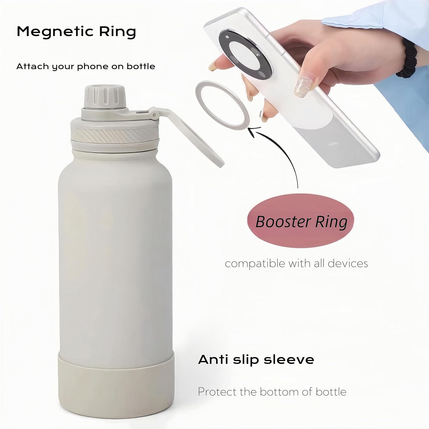 Megnetic geïsoleerde sportwaterfles met 360° draaibaar statief Telefoonhouder Compatibel met Magsafe. Niet verkocht of gemaakt door Magsafe(beige, 623 g)