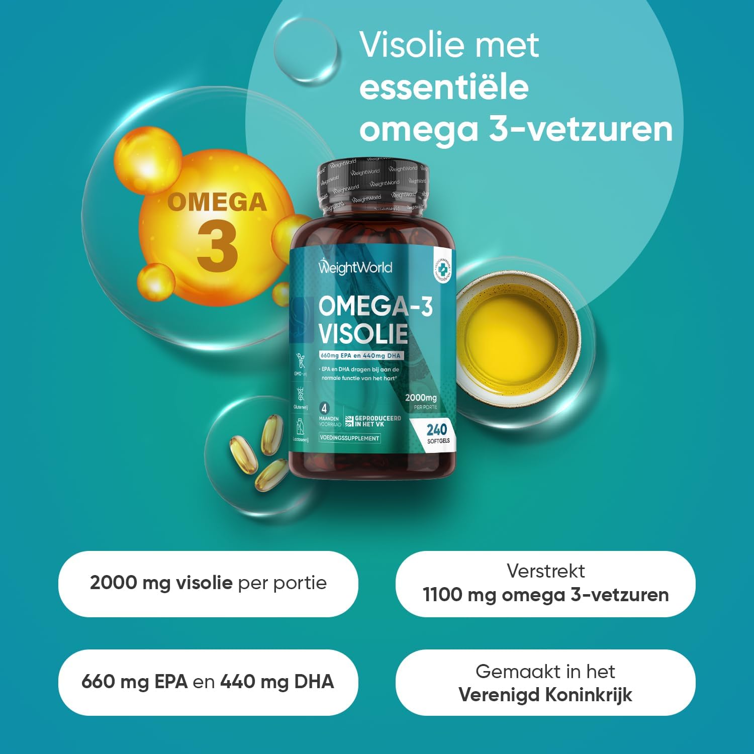 Omega 3 Visolie - 2000 mg - Levert 1100 mg omega 3-vetzuren - 660 mg EPA en 440 mg DHA - 240 softgels voor 4 maanden voorraad - Gemaakt in het Verenigd Koninkrijk - Van WeightWorld