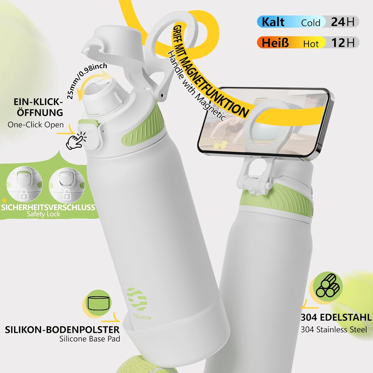 Fjbottle Thermosfles met rietje, magnetische handgreep voor telefoon + dubbel drinksysteem, sportfles, 1 l/700/600 ml, opening met 1 klik, BPA-vrij, lekvrij, voor fitnessstudio, yoga