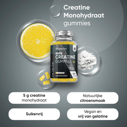 Creatine Monohydraat gummies - 5000 mg Creatine Monohydraat - 90 vegan en suikervrije gummies - Alternatief voor capsules, tabletten of poeder - Natuurlijke citroensmaak - Van WeightWorld