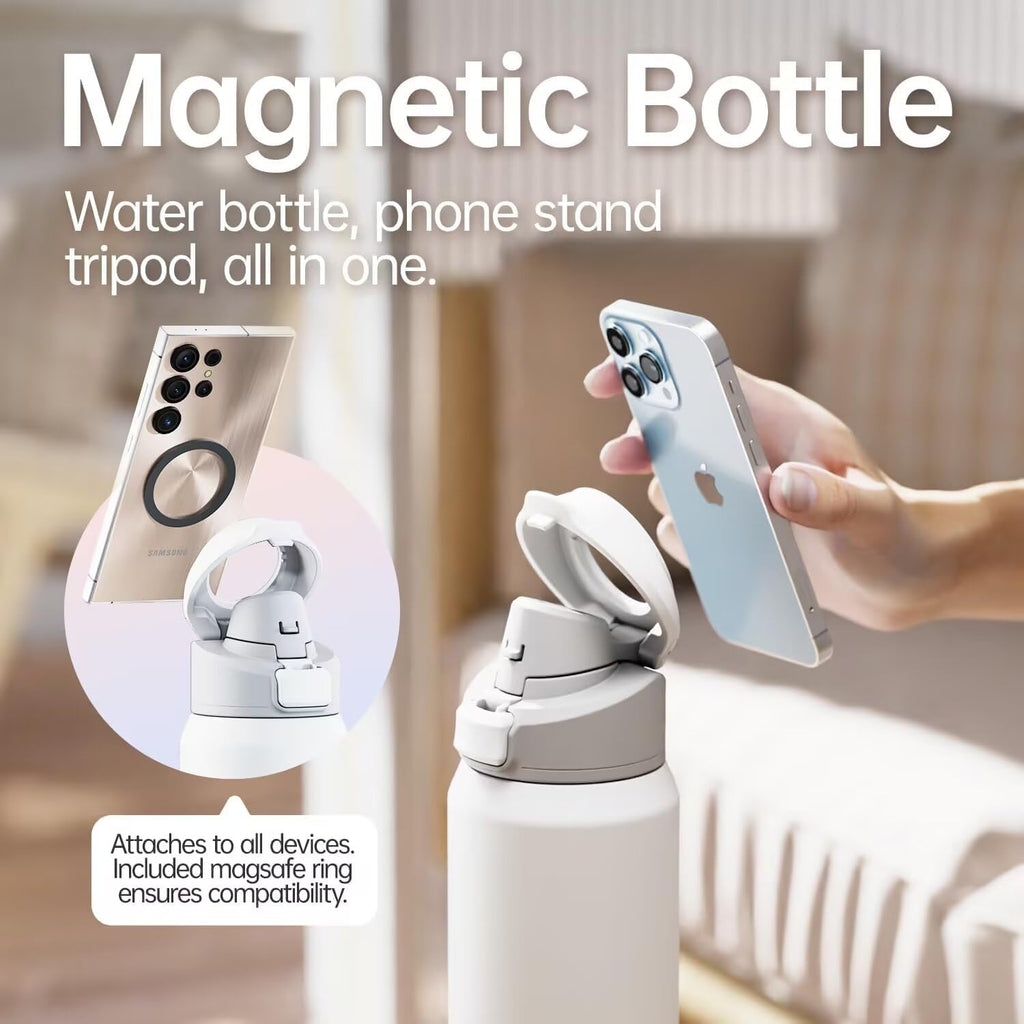 Magcheer Magnetische waterfles met telefoonhouder compatibel met MagSafe geïsoleerde sportfles voor koude dranken voor 24 uur statief fles voor reizen en fitness selfie (zwart)