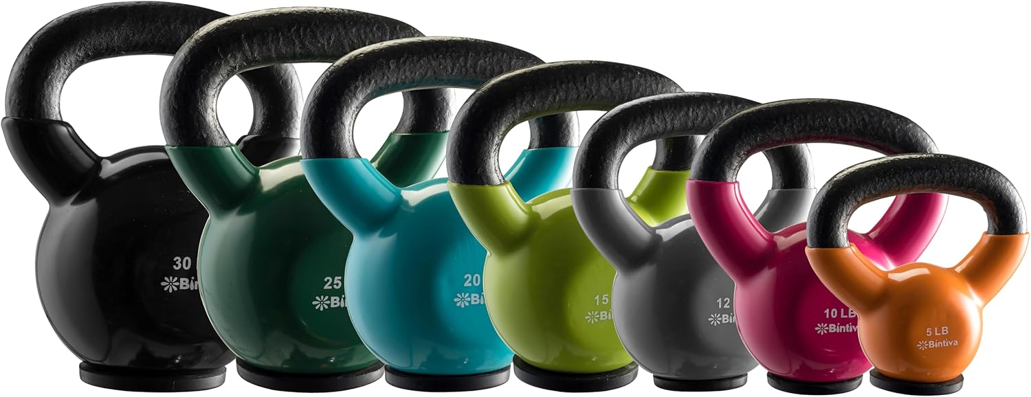 bintiva Kettlebells - professionele kwaliteit, vinyl gecoat, massief gietijzeren gewichten met een speciale beschermende bodem