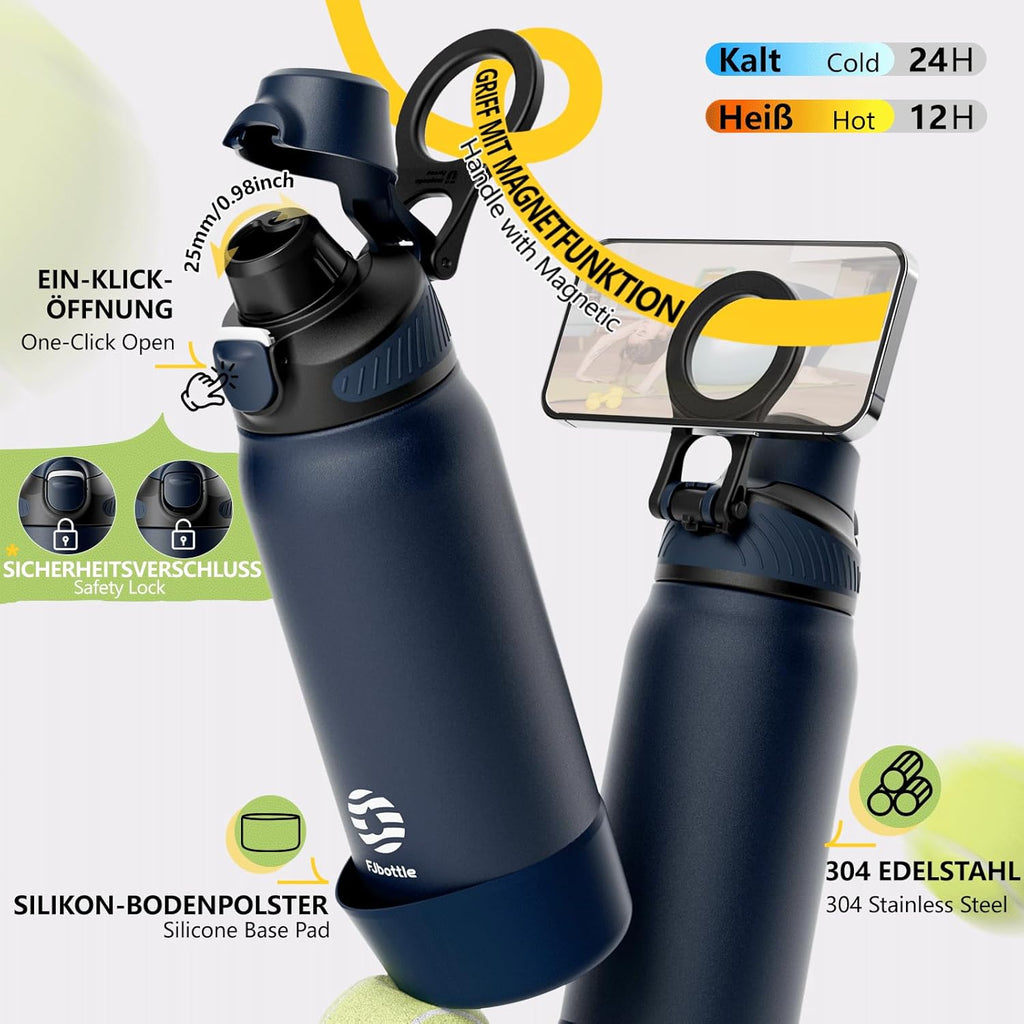 Fjbottle Thermosfles met rietje, magnetische handgreep voor telefoon + dubbel drinksysteem, sportfles, 1 l/700/600 ml, opening met 1 klik, BPA-vrij, lekvrij, voor fitnessstudio, yoga