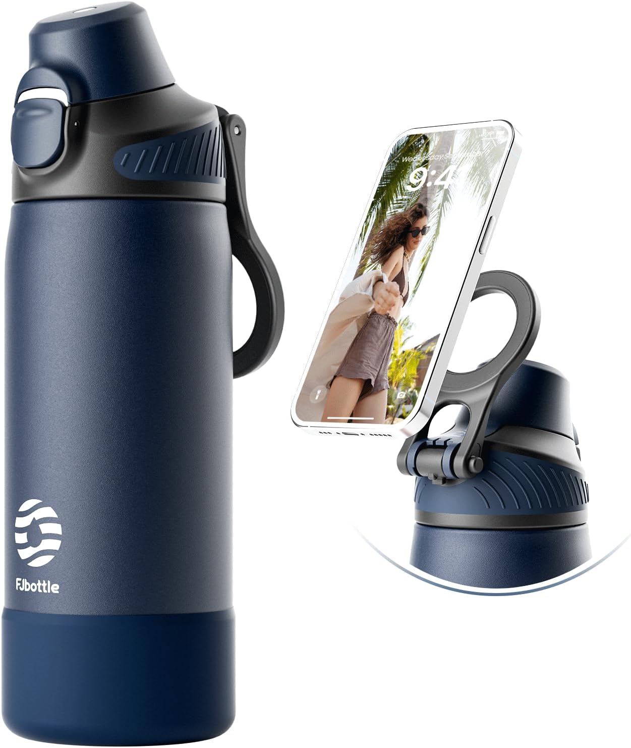 Fjbottle Thermosfles met rietje, magnetische handgreep voor telefoon + dubbel drinksysteem, sportfles, 1 l/700/600 ml, opening met 1 klik, BPA-vrij, lekvrij, voor fitnessstudio, yoga