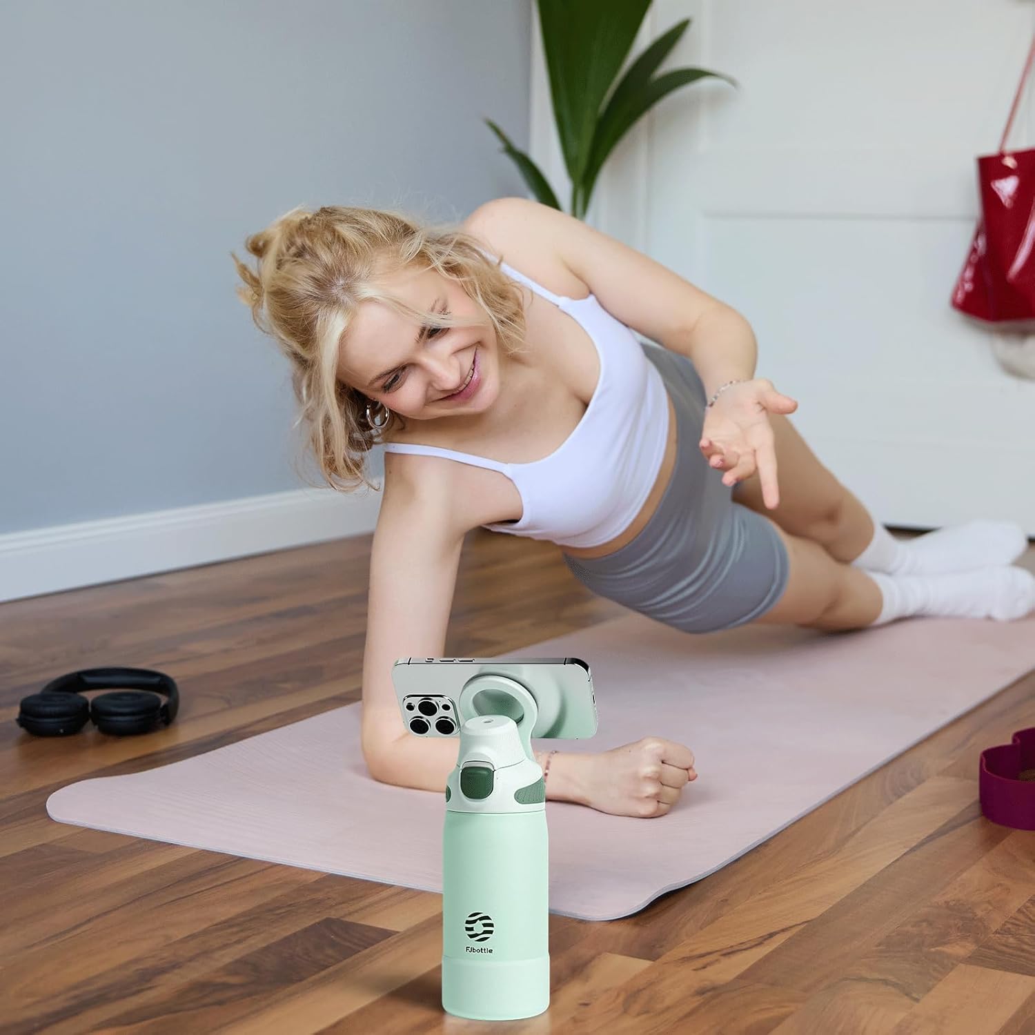 Fjbottle Thermosfles met rietje, magnetische handgreep voor telefoon + dubbel drinksysteem, sportfles, 1 l/700/600 ml, opening met 1 klik, BPA-vrij, lekvrij, voor fitnessstudio, yoga
