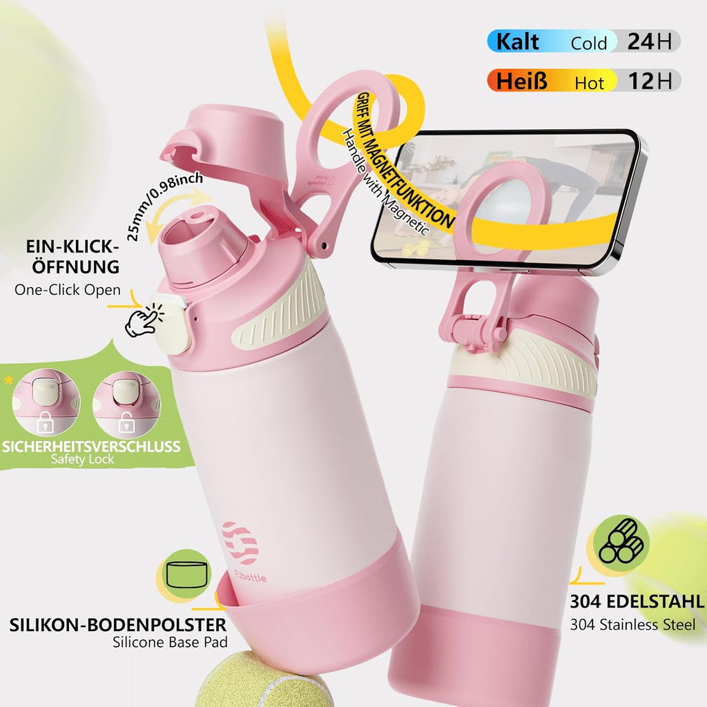 Fjbottle Thermosfles met rietje, magnetische handgreep voor telefoon + dubbel drinksysteem, sportfles, 1 l/700/600 ml, opening met 1 klik, BPA-vrij, lekvrij, voor fitnessstudio, yoga
