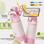 Fjbottle Thermosfles met rietje, magnetische handgreep voor telefoon + dubbel drinksysteem, sportfles, 1 l/700/600 ml, opening met 1 klik, BPA-vrij, lekvrij, voor fitnessstudio, yoga