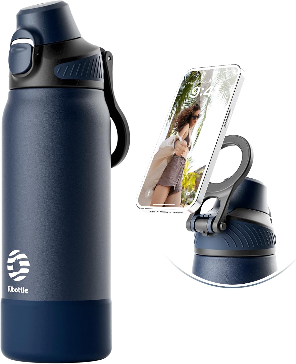 Fjbottle Thermosfles met rietje, magnetische handgreep voor telefoon + dubbel drinksysteem, sportfles, 1 l/700/600 ml, opening met 1 klik, BPA-vrij, lekvrij, voor fitnessstudio, yoga