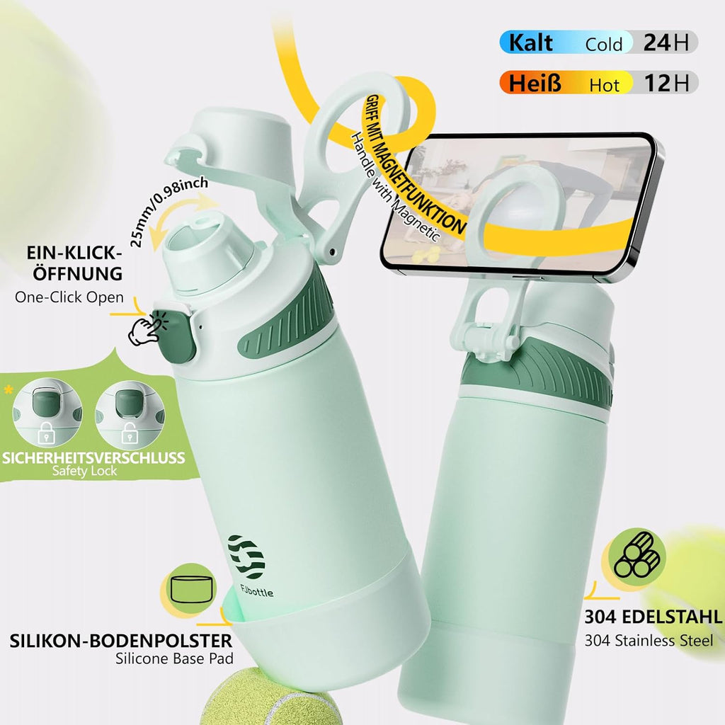 Fjbottle Thermosfles met rietje, magnetische handgreep voor telefoon + dubbel drinksysteem, sportfles, 1 l/700/600 ml, opening met 1 klik, BPA-vrij, lekvrij, voor fitnessstudio, yoga