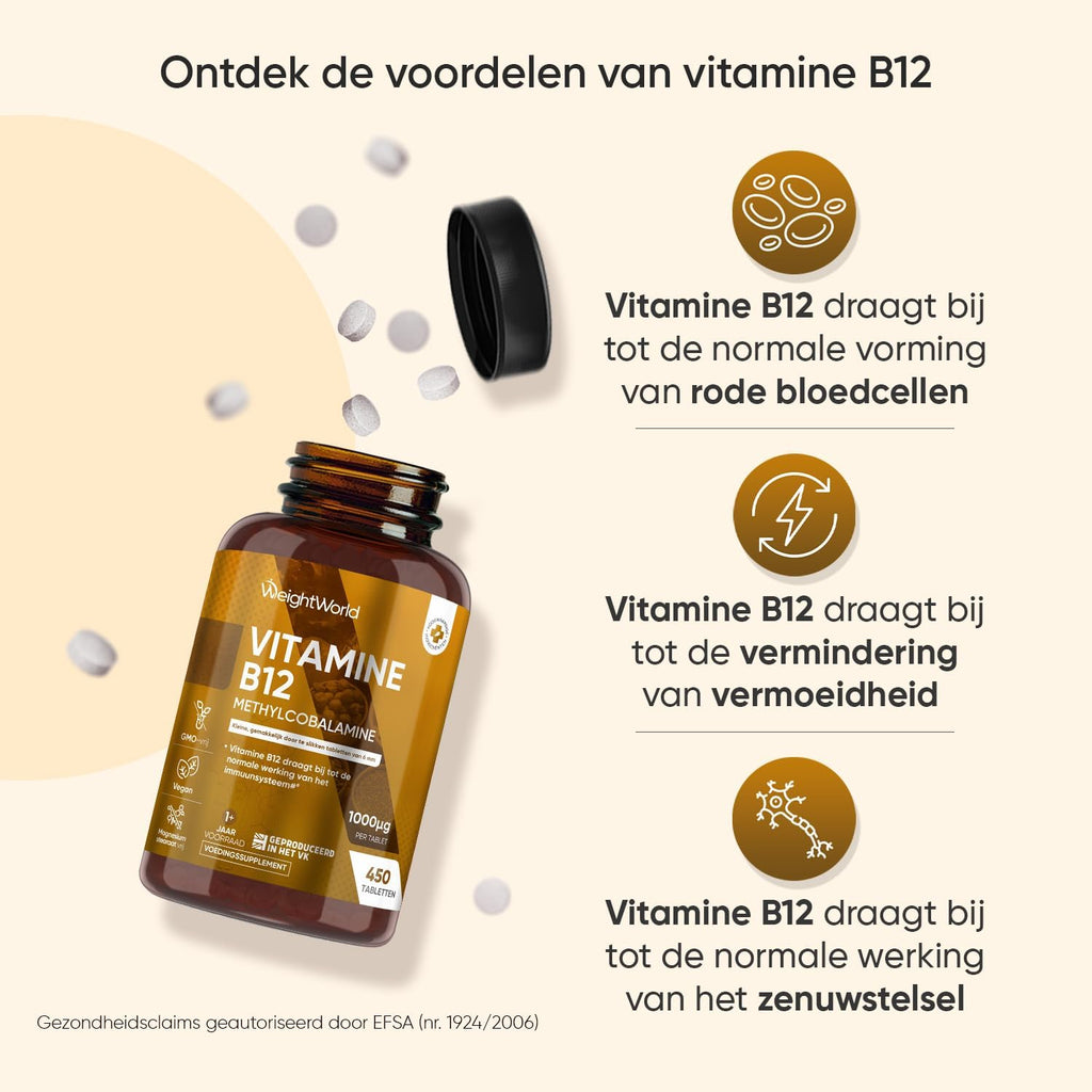 Vitamine B12 tabletten - 450 vegan vitamine B12 micro-tabletten - 1000 mcg methylcobalamine per portie - Meer dan 1 jaar voorraad - Ideaal voor vegetariërs en veganisten - Van WeightWorld