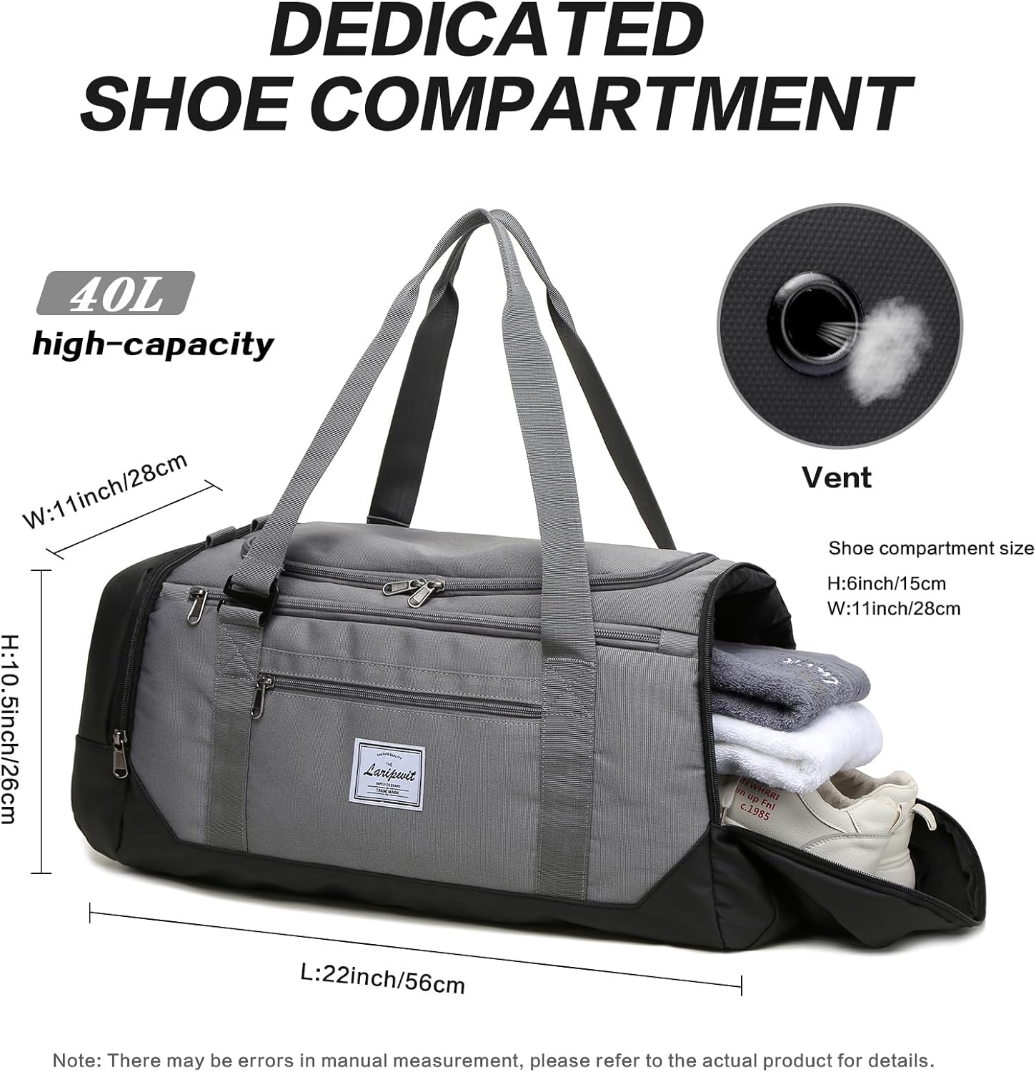 Laripwit Reistas voor Heren 40L Middelgrote Sporttas met Schoenenvak en Natvak Sporttassen Damesweekendtas voor Reizen, Sport, Fitness, kamperen, Bruin
