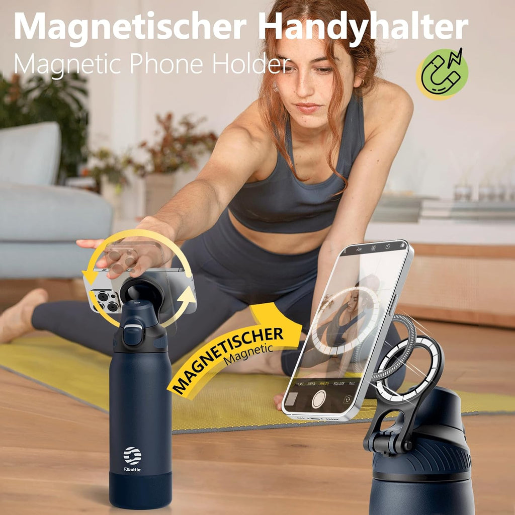 Fjbottle Thermosfles met rietje, magnetische handgreep voor telefoon + dubbel drinksysteem, sportfles, 1 l/700/600 ml, opening met 1 klik, BPA-vrij, lekvrij, voor fitnessstudio, yoga