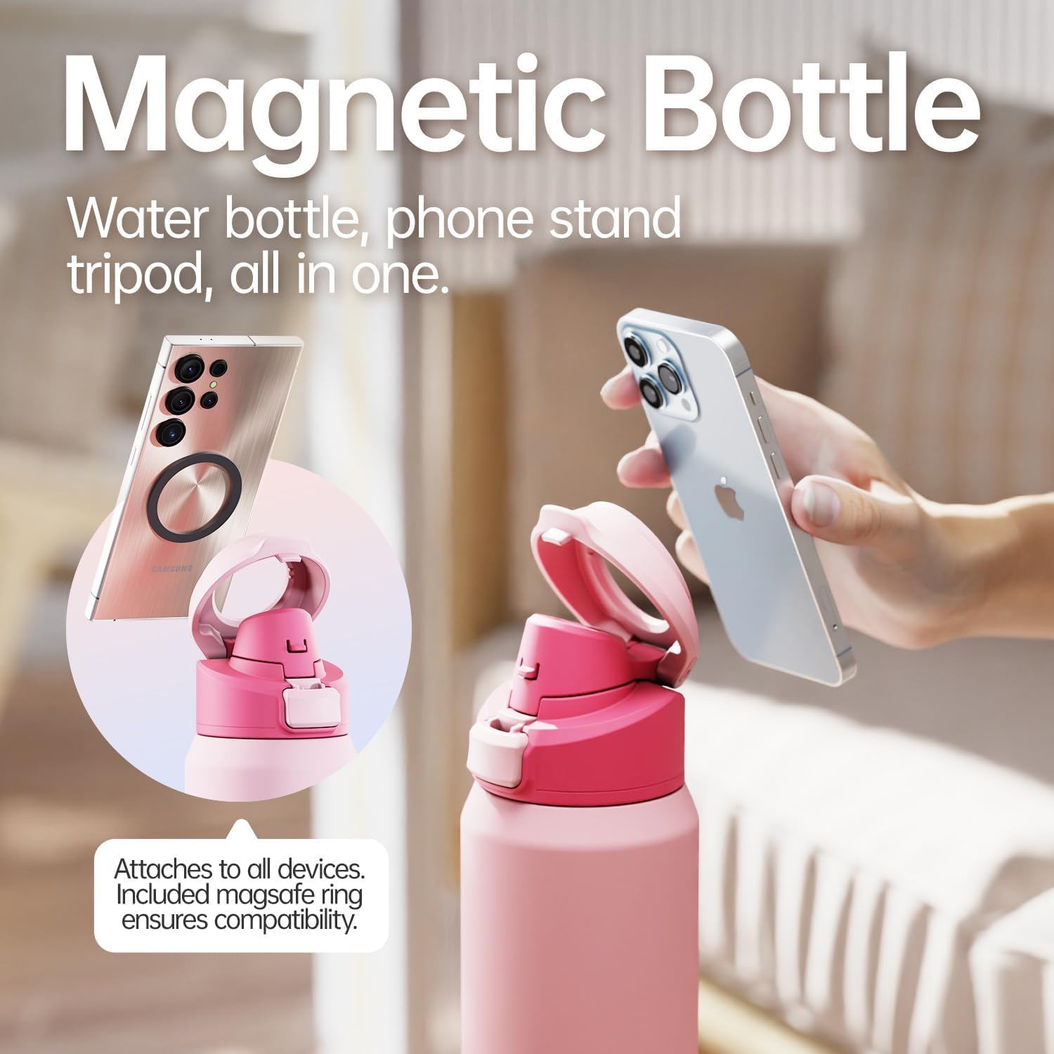 Magcheer Magnetische waterfles met telefoonhouder compatibel met MagSafe geïsoleerde sportfles voor koude dranken voor 24 uur statief fles voor reizen en fitness selfie (zwart)