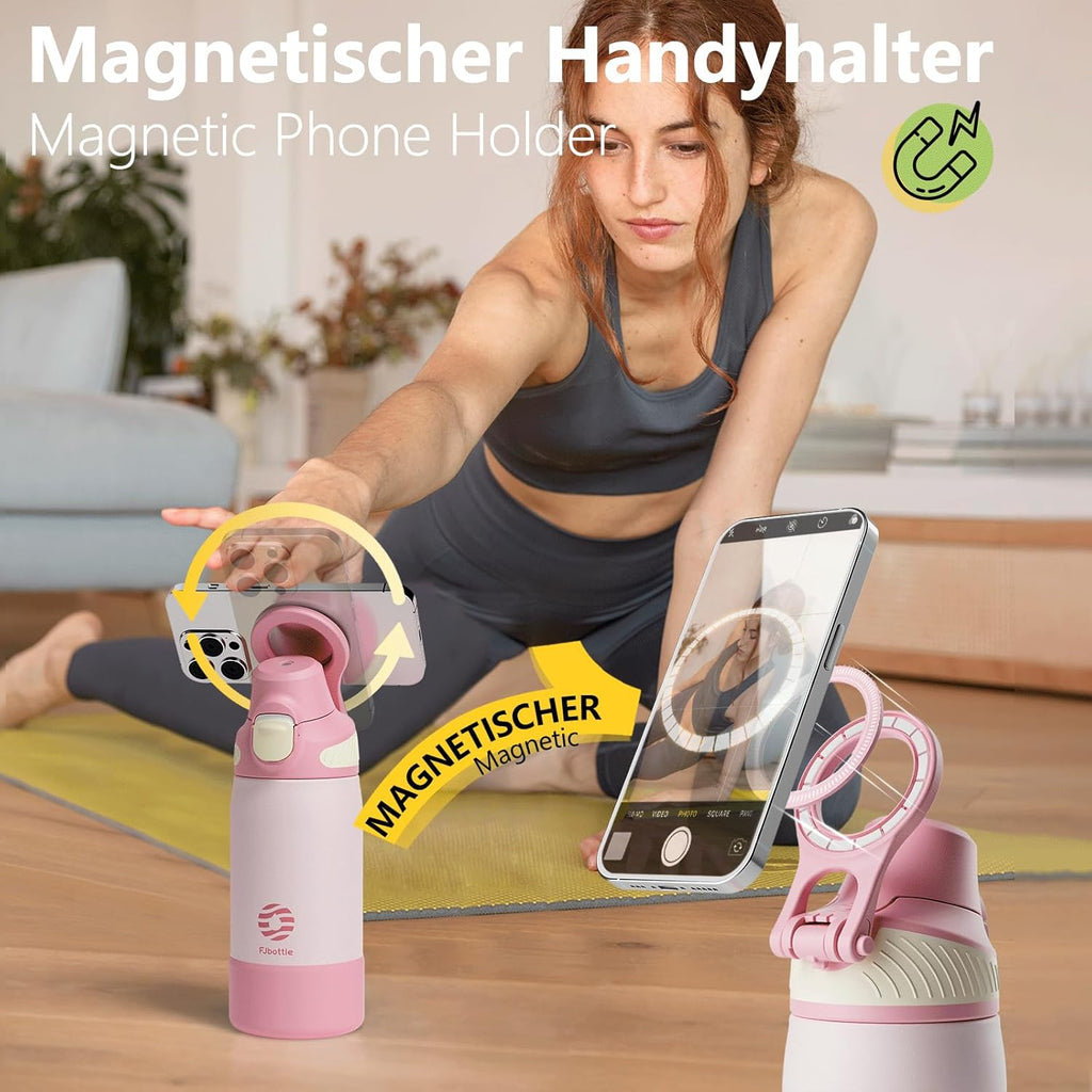 Fjbottle Thermosfles met rietje, magnetische handgreep voor telefoon + dubbel drinksysteem, sportfles, 1 l/700/600 ml, opening met 1 klik, BPA-vrij, lekvrij, voor fitnessstudio, yoga