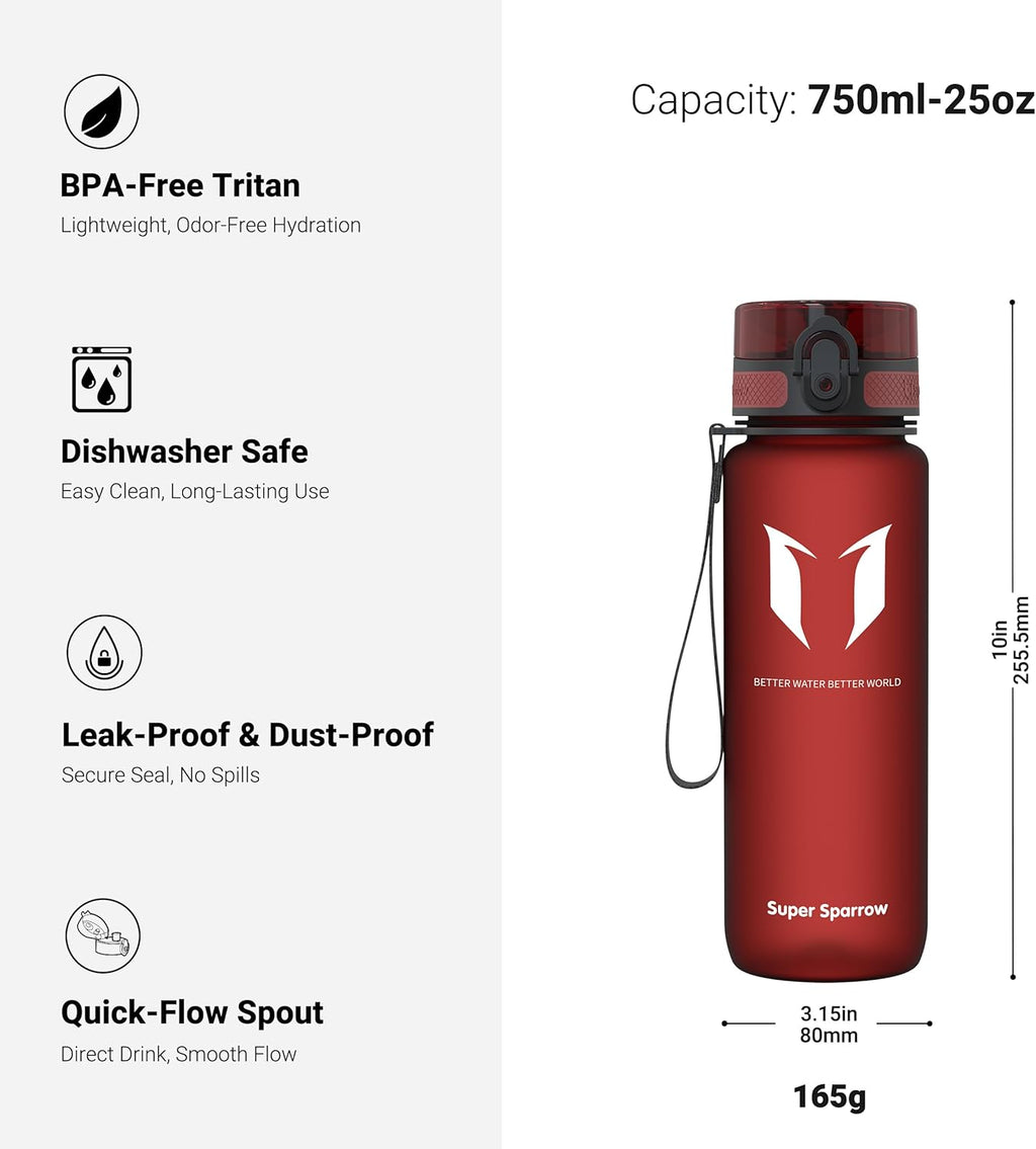 Super Sparrow Waterfles Sport 750ml – BPA-vrije Tritan Drinkfles, Lekvrij & Morsvrij – Lichtgewicht Herbruikbare Sportfles voor Fitness, Gym, Fietsen en Outdoor