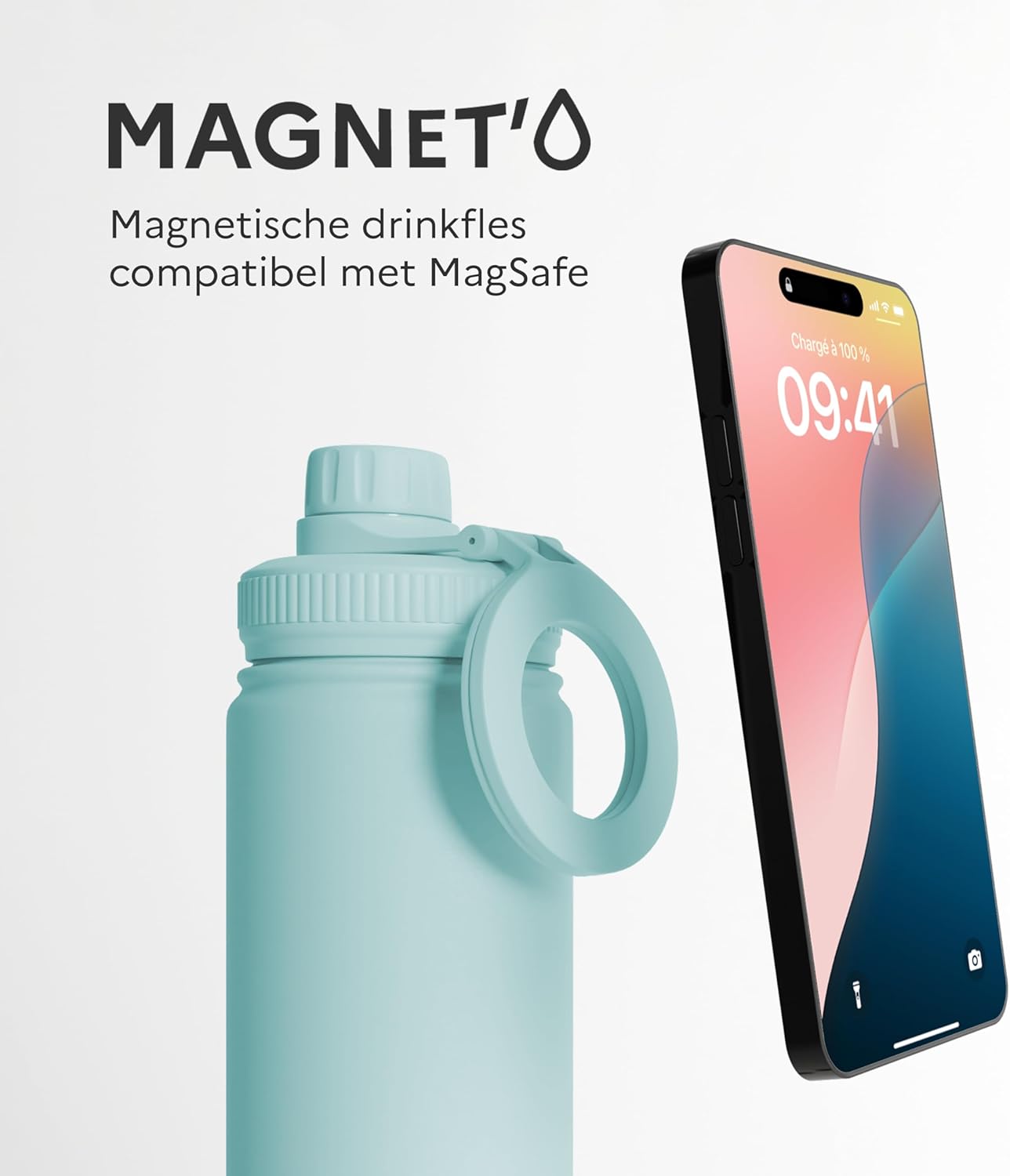 Magnetische drinkfles Magnet'O WELL & BODY 750 mL | Sportfles compatibel MagSafe, Roestvrij staal, BPA-vrij, isotherm | Fitnessstatief, verstelbare hoek, crossfit, yoga [BLAUW]