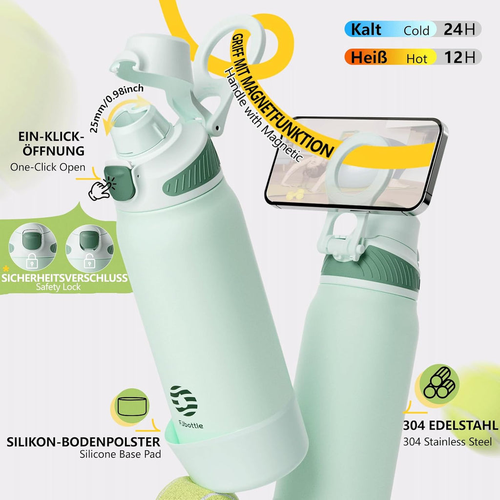 Fjbottle Thermosfles met rietje, magnetische handgreep voor telefoon + dubbel drinksysteem, sportfles, 1 l/700/600 ml, opening met 1 klik, BPA-vrij, lekvrij, voor fitnessstudio, yoga
