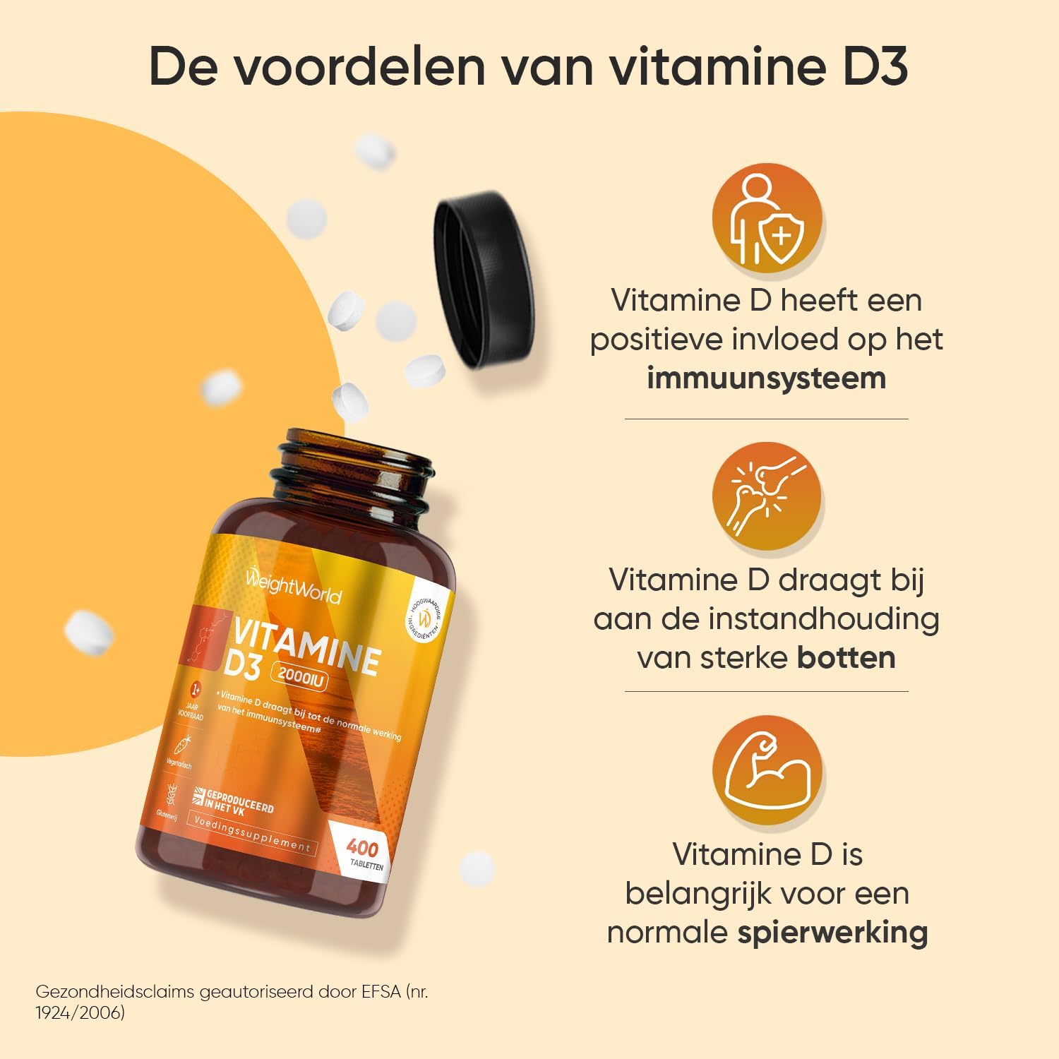 Vitamine D tabletten - 2000 IE vitamine D3 per portie - 400 vegetarische tabletten voor 1+ jaar voorraad - Gemaakt in het Verenigd Koninkrijk - Van WeightWorld