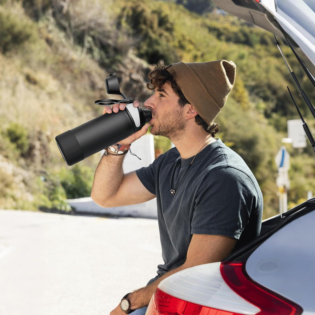 Fjbottle Thermosfles met rietje, magnetische handgreep voor telefoon + dubbel drinksysteem, sportfles, 1 l/700/600 ml, opening met 1 klik, BPA-vrij, lekvrij, voor fitnessstudio, yoga