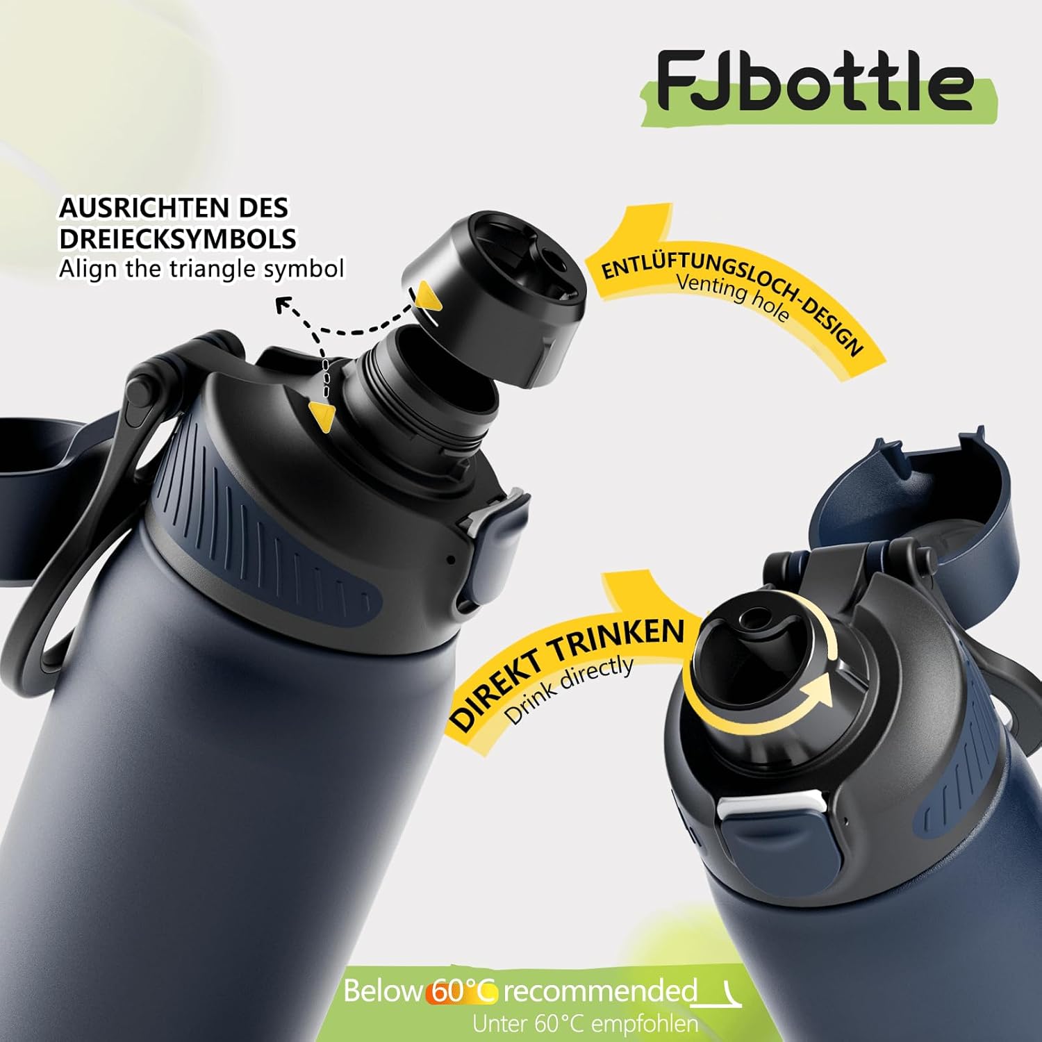 Fjbottle Thermosfles met rietje, magnetische handgreep voor telefoon + dubbel drinksysteem, sportfles, 1 l/700/600 ml, opening met 1 klik, BPA-vrij, lekvrij, voor fitnessstudio, yoga
