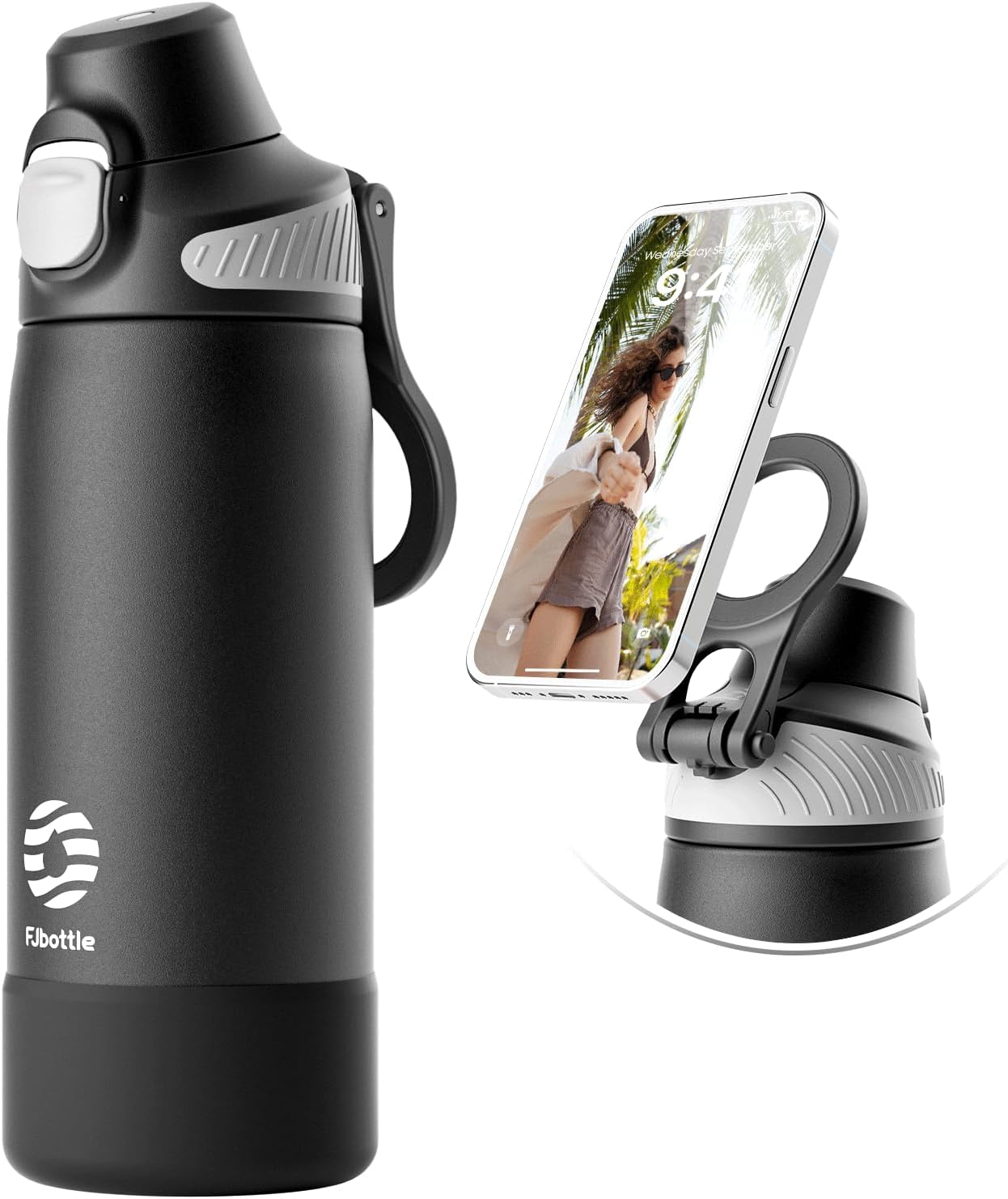 Fjbottle Thermosfles met rietje, magnetische handgreep voor telefoon + dubbel drinksysteem, sportfles, 1 l/700/600 ml, opening met 1 klik, BPA-vrij, lekvrij, voor fitnessstudio, yoga