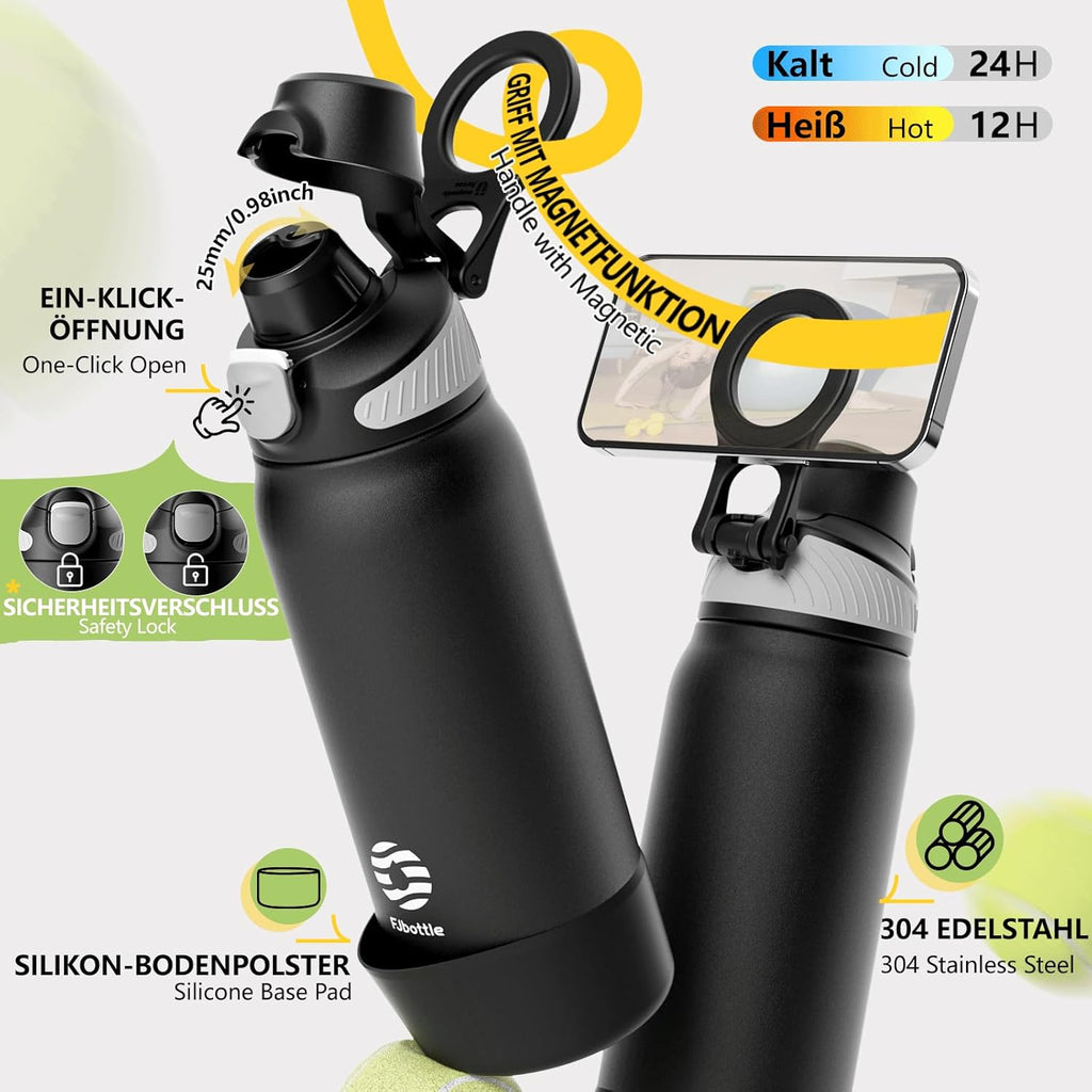 Fjbottle Thermosfles met rietje, magnetische handgreep voor telefoon + dubbel drinksysteem, sportfles, 1 l/700/600 ml, opening met 1 klik, BPA-vrij, lekvrij, voor fitnessstudio, yoga