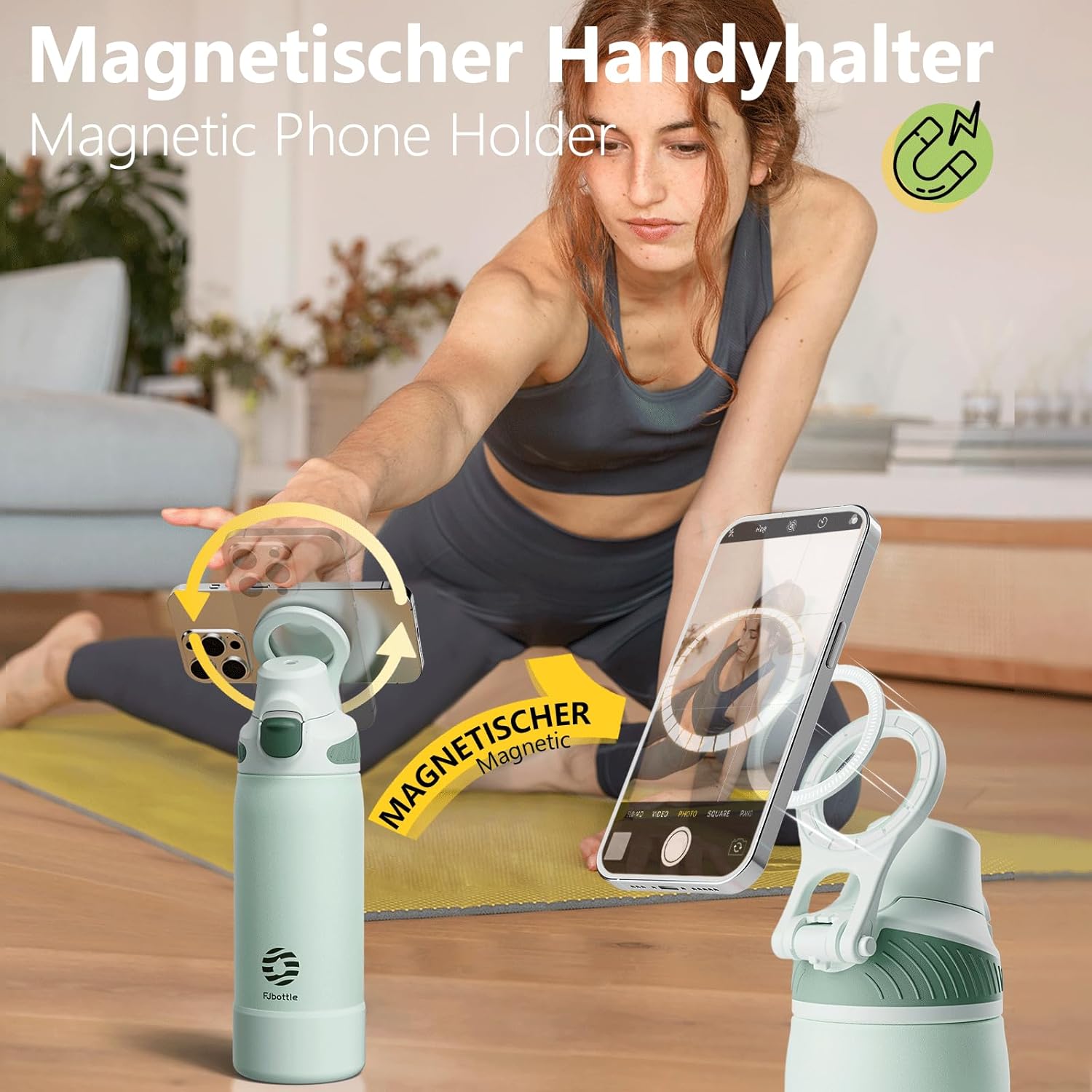 Fjbottle Thermosfles met rietje, magnetische handgreep voor telefoon + dubbel drinksysteem, sportfles, 1 l/700/600 ml, opening met 1 klik, BPA-vrij, lekvrij, voor fitnessstudio, yoga