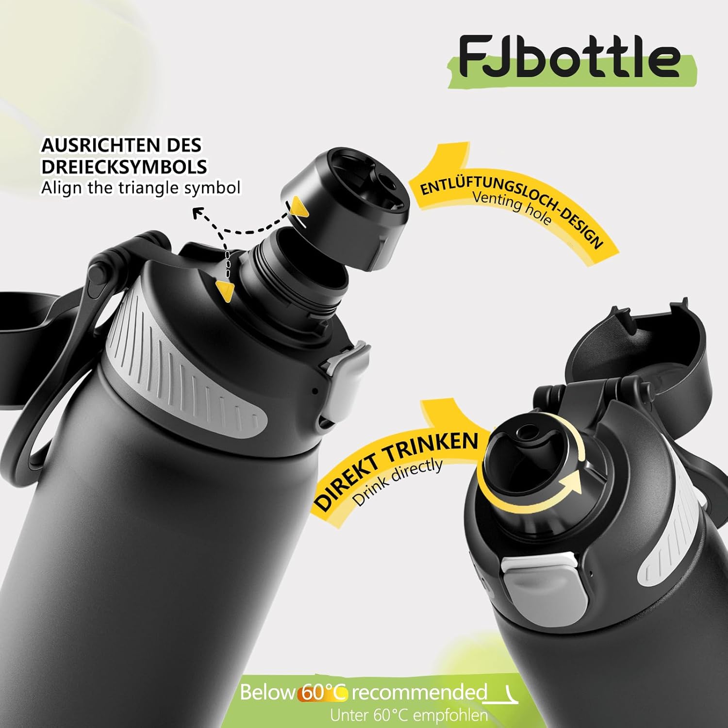 Fjbottle Thermosfles met rietje, magnetische handgreep voor telefoon + dubbel drinksysteem, sportfles, 1 l/700/600 ml, opening met 1 klik, BPA-vrij, lekvrij, voor fitnessstudio, yoga