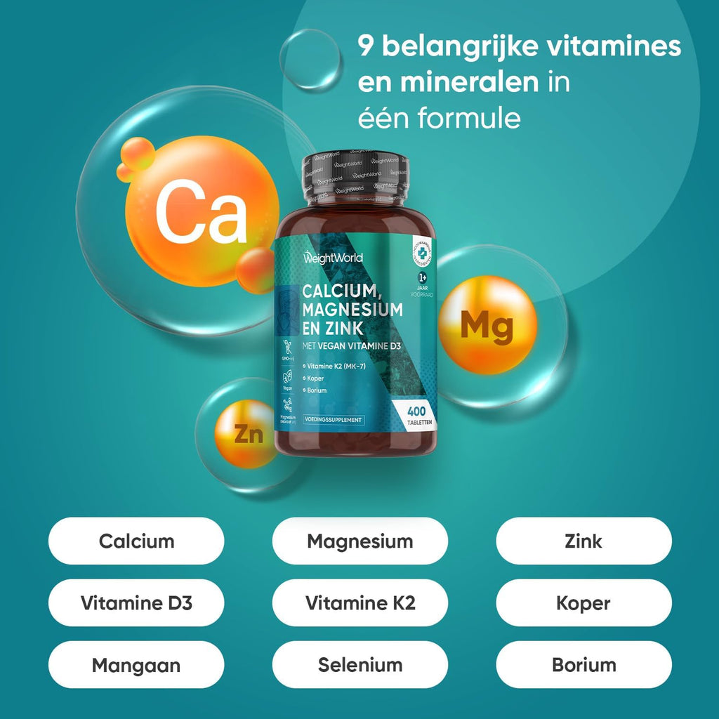 Calcium, Magnesium en Zink tabletten - 400 vegan tabletten voor meer dan 1 jaar - Bevat 9 vitamines en mineralen - Vitamine D3, K2, Selenium en Koper - Van WeightWorld