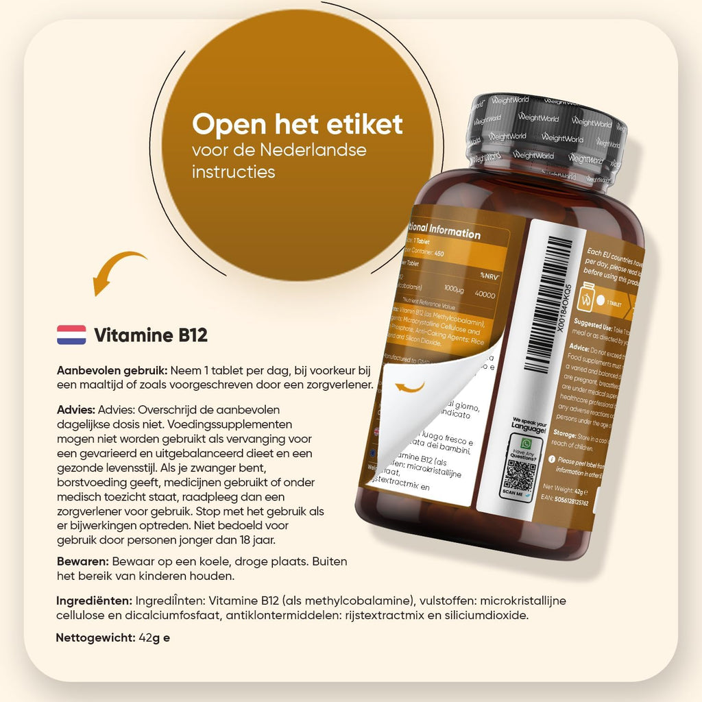Vitamine B12 tabletten - 450 vegan vitamine B12 micro-tabletten - 1000 mcg methylcobalamine per portie - Meer dan 1 jaar voorraad - Ideaal voor vegetariërs en veganisten - Van WeightWorld