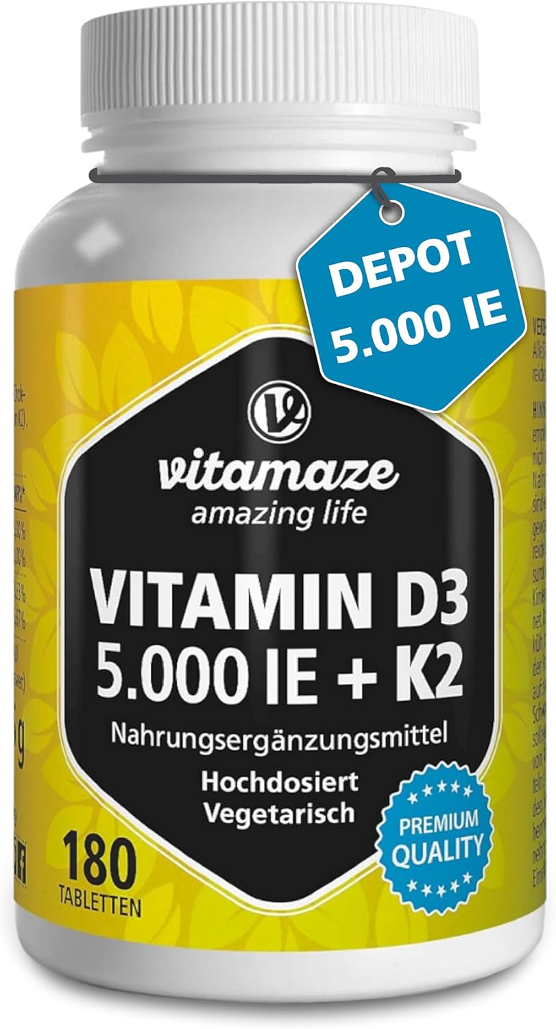 Vitamine D3 K2 hoge dosering, 180 tabletten, 5000 IE vitamine D3 + 100 mcg vitamine K2 depot, zonder onnodige toevoegingen, hoge biologische beschikbaarheid, gemaakt in Duitsland