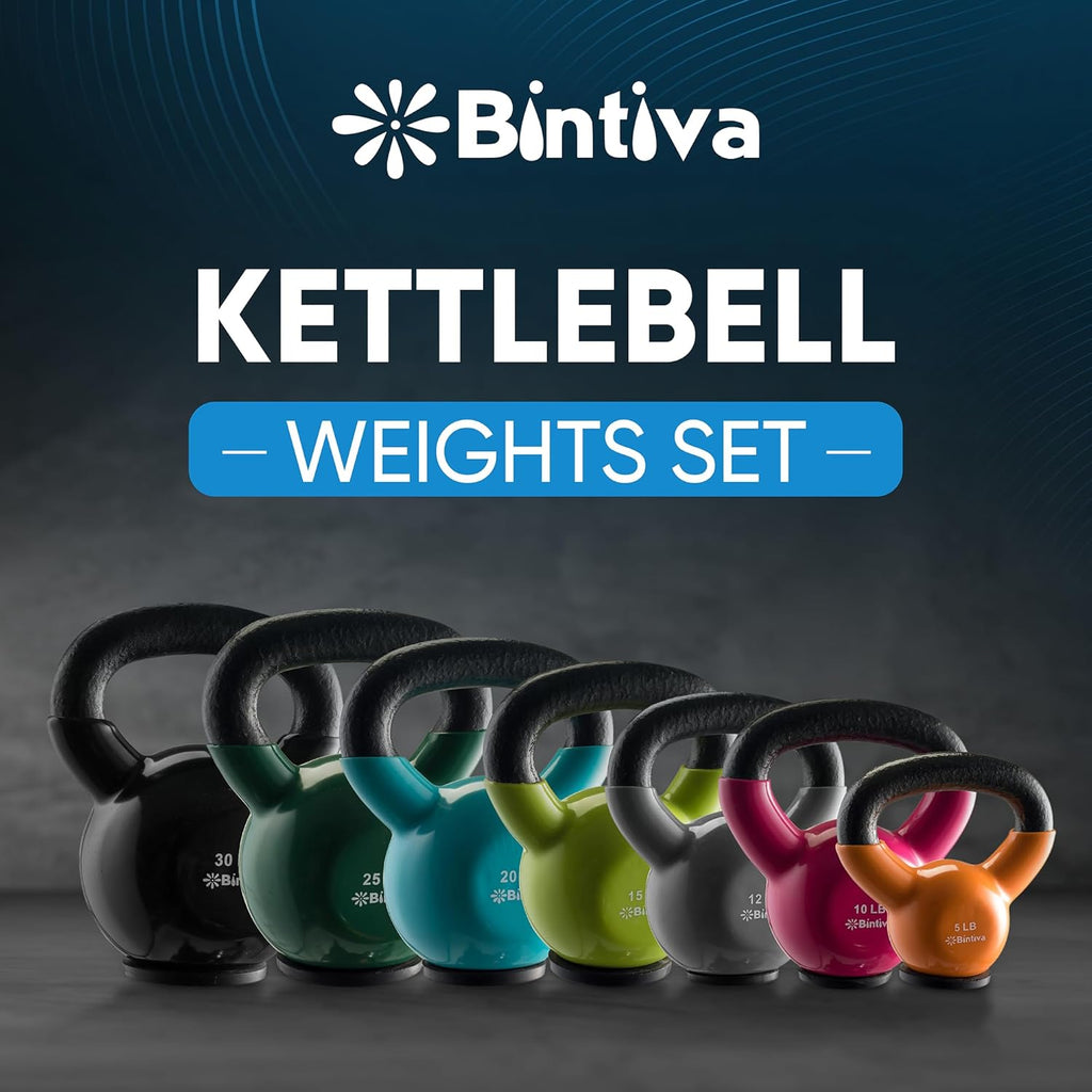 bintiva Kettlebells - professionele kwaliteit, vinyl gecoat, massief gietijzeren gewichten met een speciale beschermende bodem