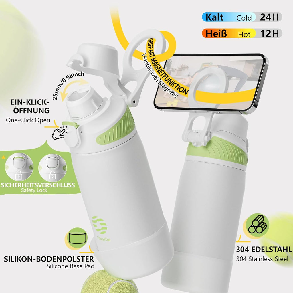 Fjbottle Thermosfles met rietje, magnetische handgreep voor telefoon + dubbel drinksysteem, sportfles, 1 l/700/600 ml, opening met 1 klik, BPA-vrij, lekvrij, voor fitnessstudio, yoga
