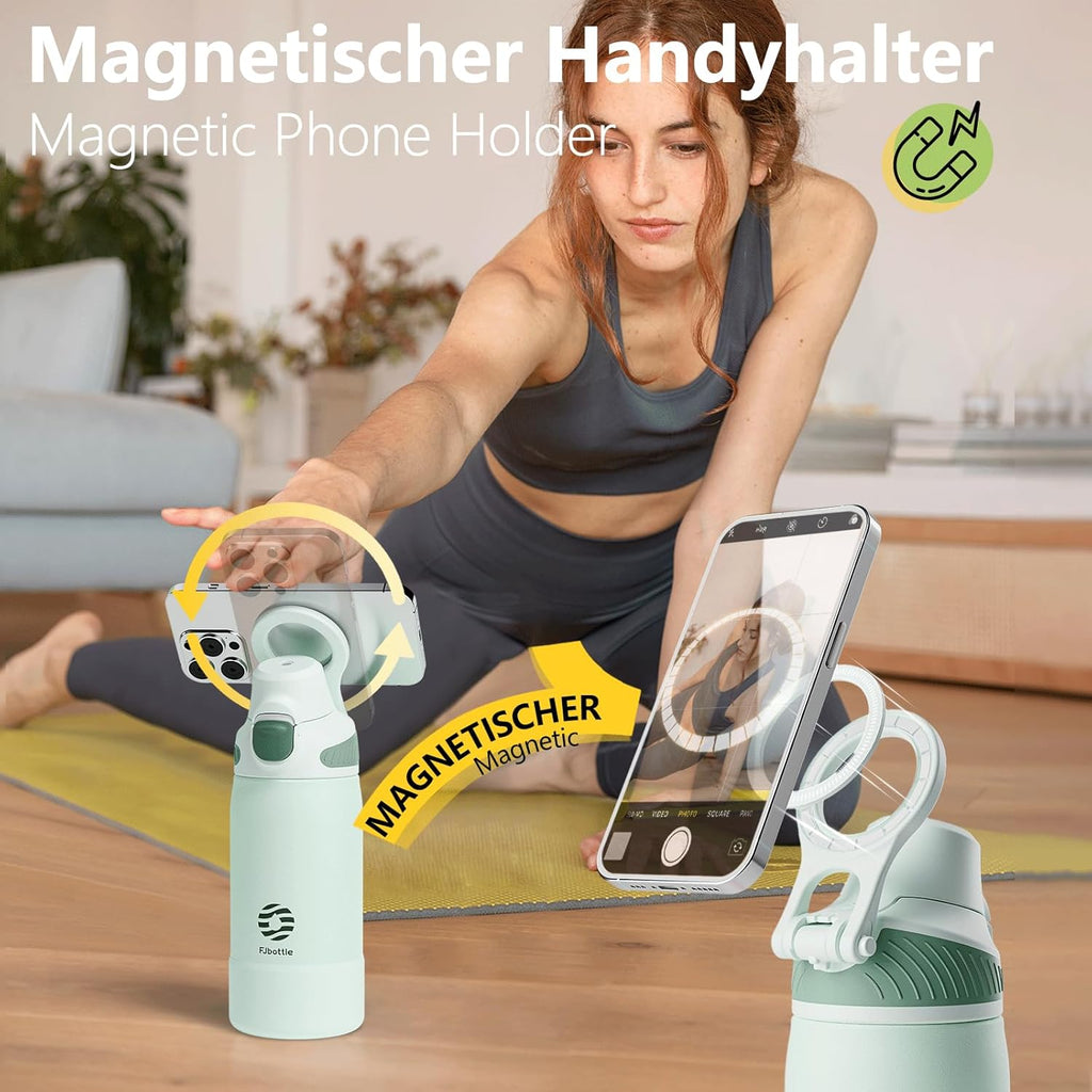 Fjbottle Thermosfles met rietje, magnetische handgreep voor telefoon + dubbel drinksysteem, sportfles, 1 l/700/600 ml, opening met 1 klik, BPA-vrij, lekvrij, voor fitnessstudio, yoga