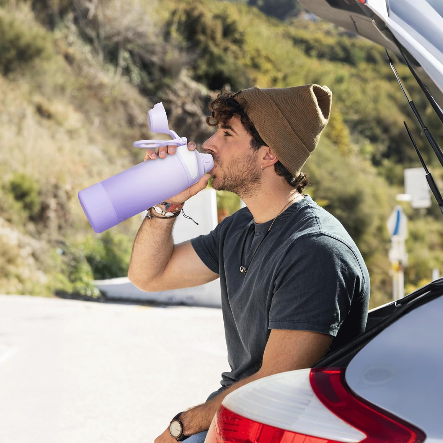 Fjbottle Thermosfles met rietje, magnetische handgreep voor telefoon + dubbel drinksysteem, sportfles, 1 l/700/600 ml, opening met 1 klik, BPA-vrij, lekvrij, voor fitnessstudio, yoga