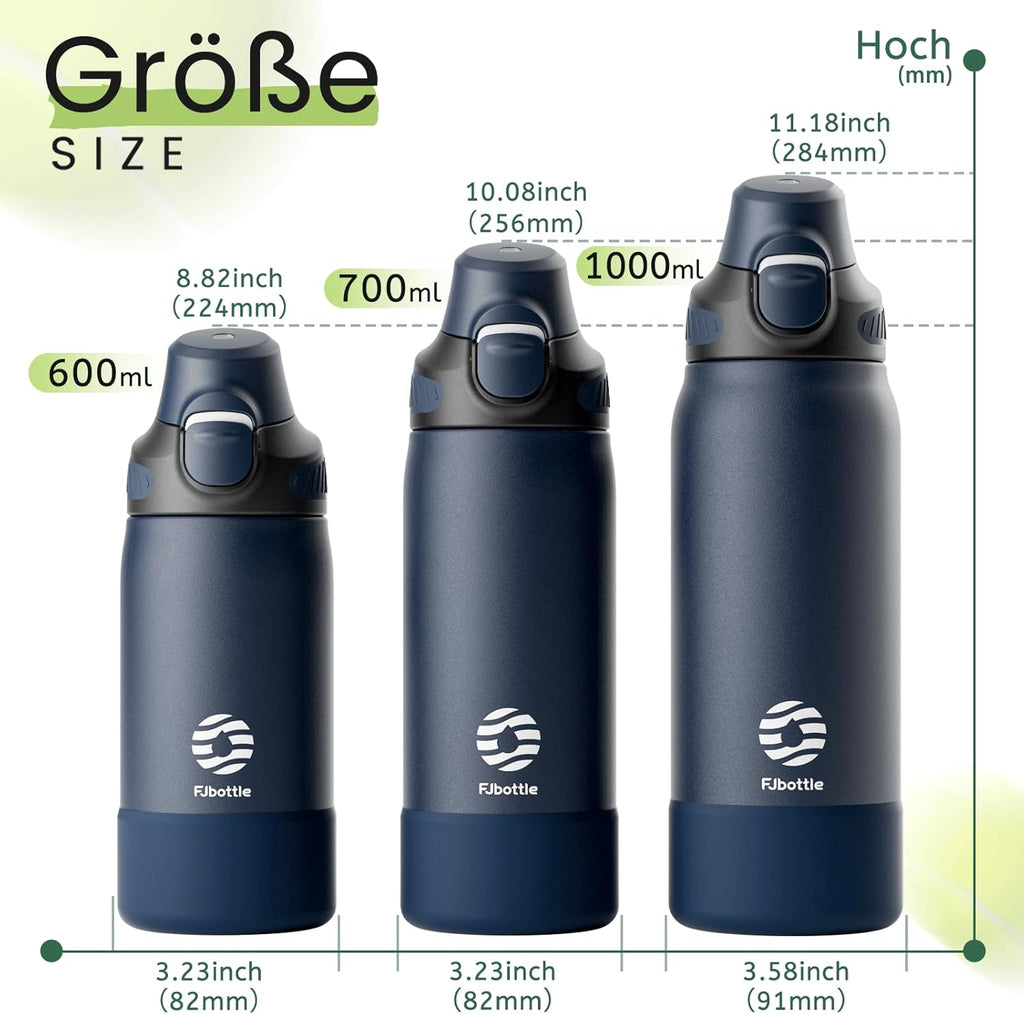 Fjbottle Thermosfles met rietje, magnetische handgreep voor telefoon + dubbel drinksysteem, sportfles, 1 l/700/600 ml, opening met 1 klik, BPA-vrij, lekvrij, voor fitnessstudio, yoga