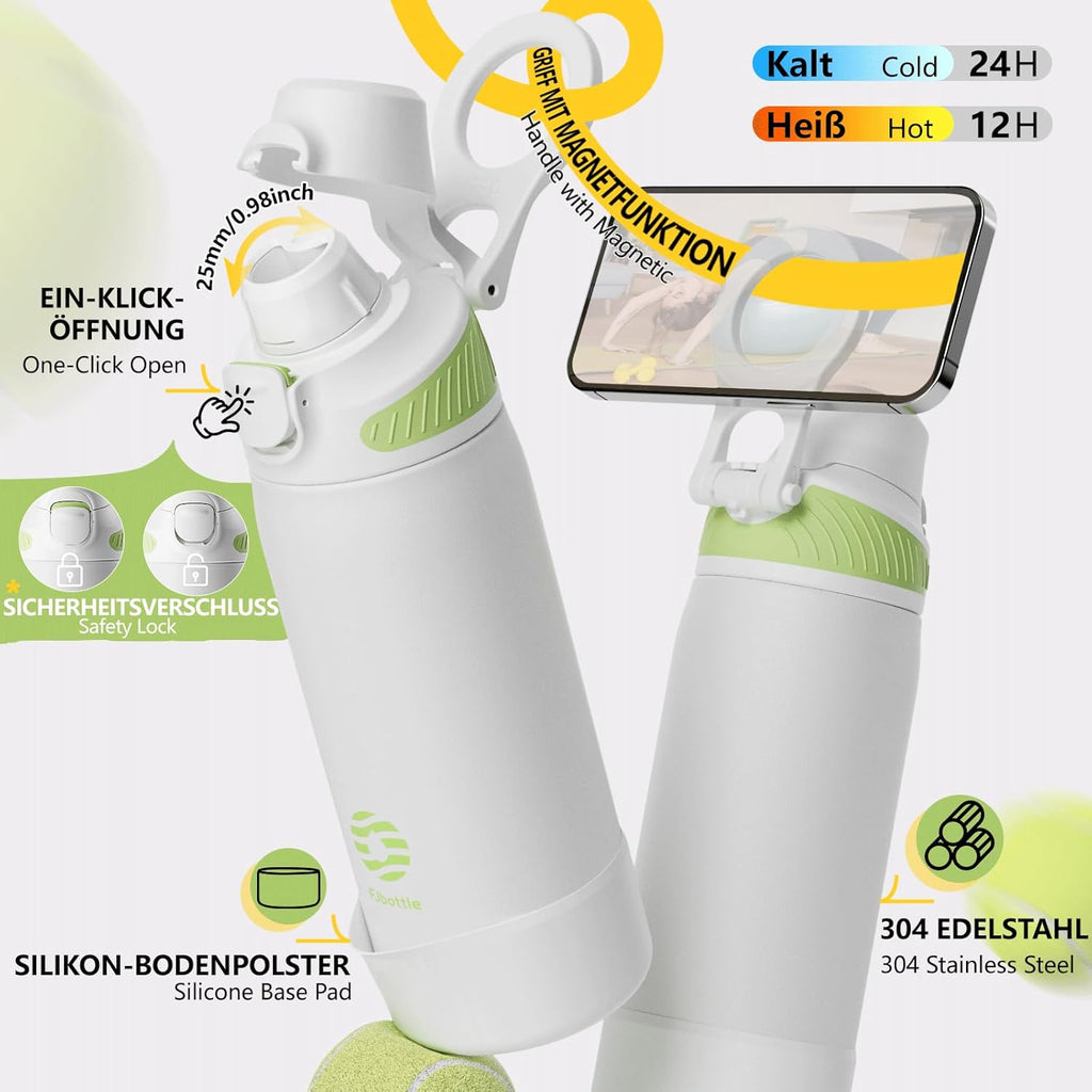 Fjbottle Thermosfles met rietje, magnetische handgreep voor telefoon + dubbel drinksysteem, sportfles, 1 l/700/600 ml, opening met 1 klik, BPA-vrij, lekvrij, voor fitnessstudio, yoga
