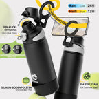 Fjbottle Thermosfles met rietje, magnetische handgreep voor telefoon + dubbel drinksysteem, sportfles, 1 l/700/600 ml, opening met 1 klik, BPA-vrij, lekvrij, voor fitnessstudio, yoga