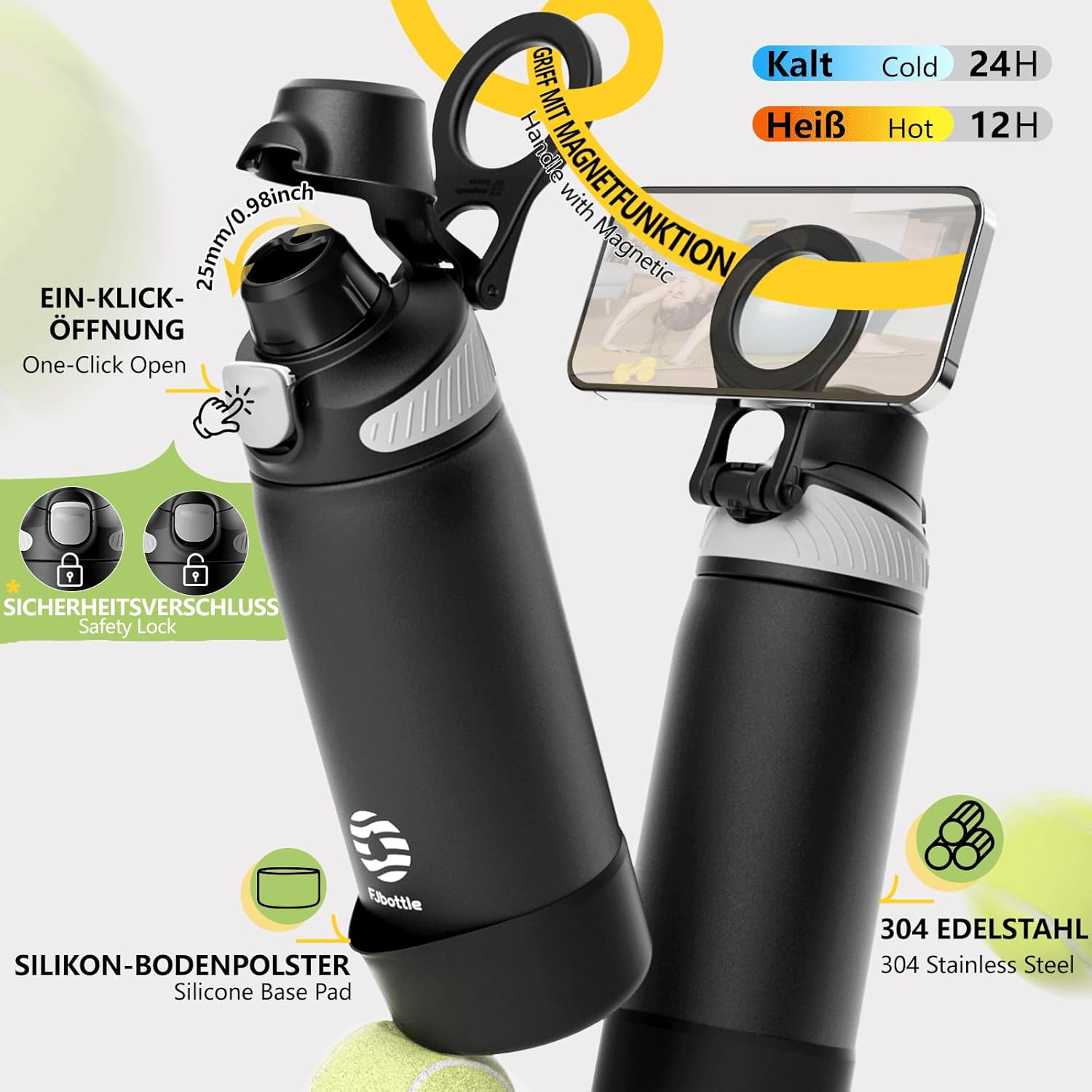 Fjbottle Thermosfles met rietje, magnetische handgreep voor telefoon + dubbel drinksysteem, sportfles, 1 l/700/600 ml, opening met 1 klik, BPA-vrij, lekvrij, voor fitnessstudio, yoga