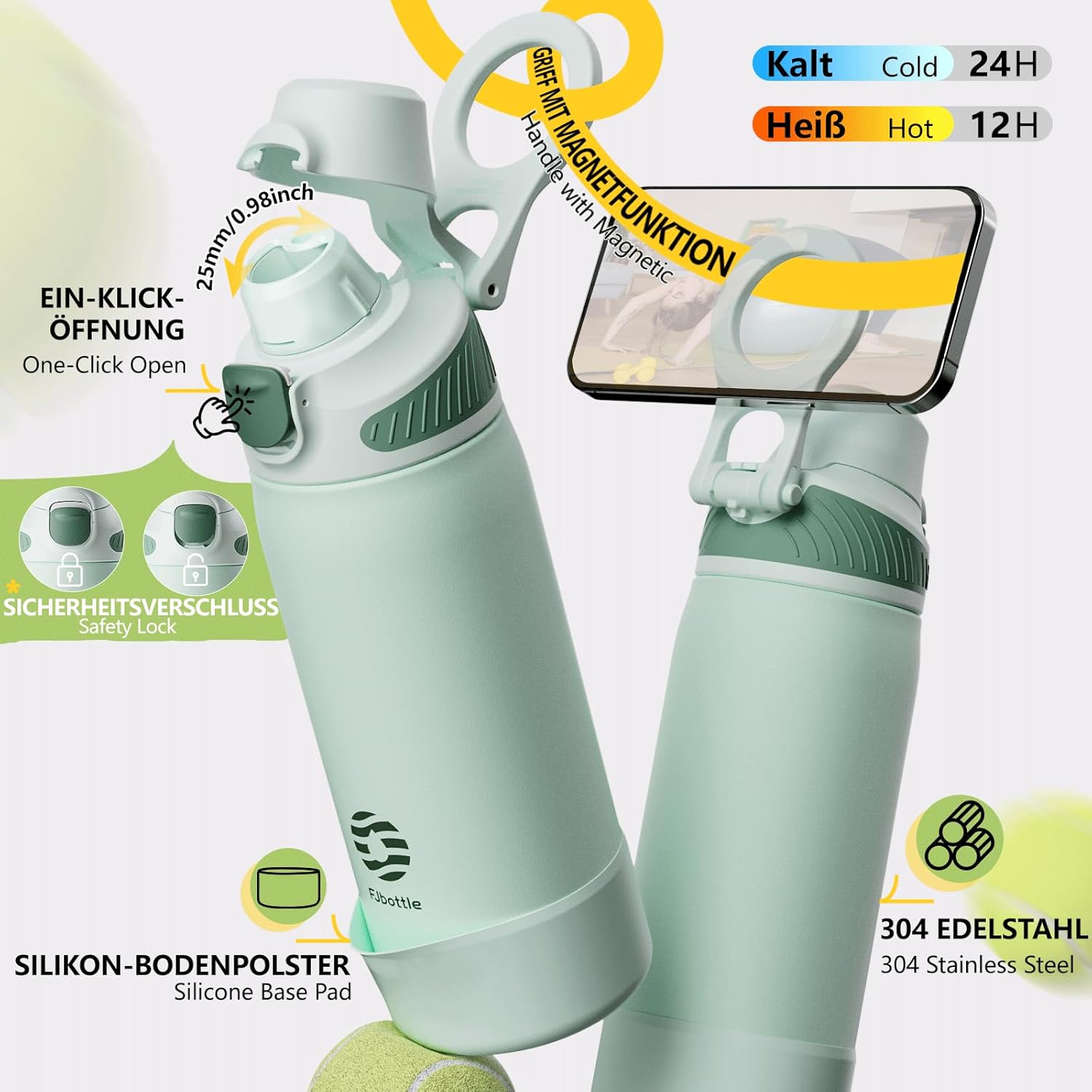 Fjbottle Thermosfles met rietje, magnetische handgreep voor telefoon + dubbel drinksysteem, sportfles, 1 l/700/600 ml, opening met 1 klik, BPA-vrij, lekvrij, voor fitnessstudio, yoga