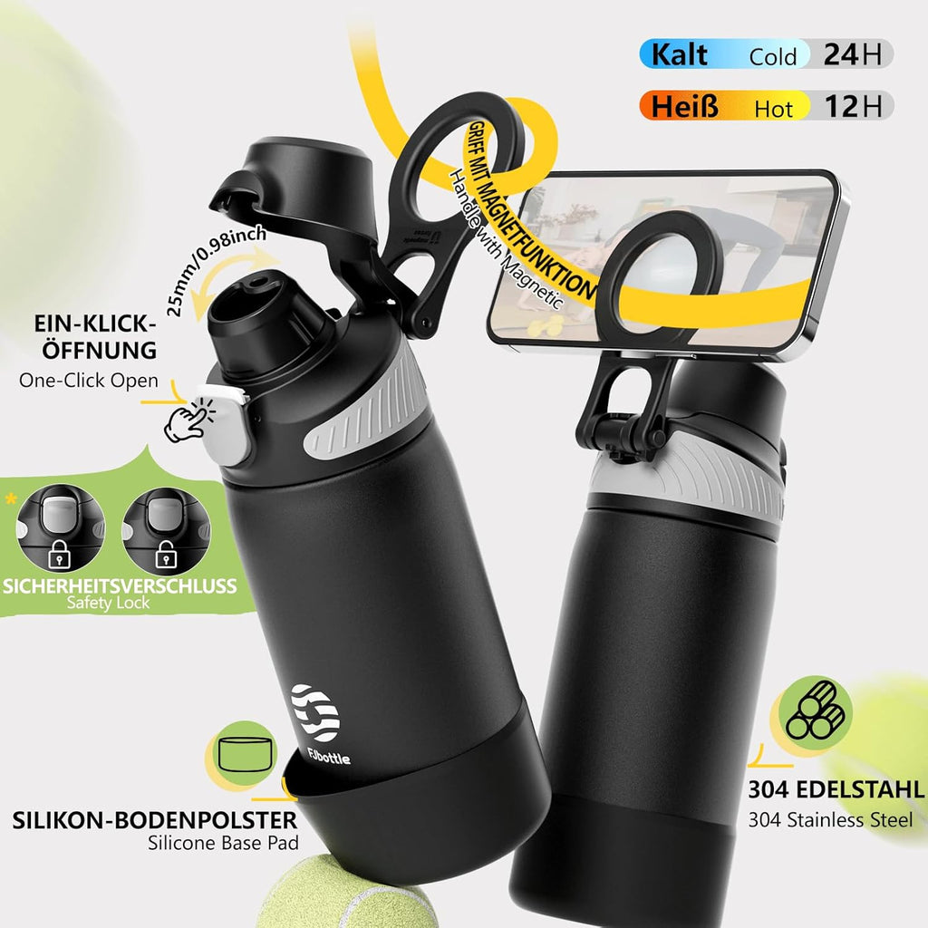 Fjbottle Thermosfles met rietje, magnetische handgreep voor telefoon + dubbel drinksysteem, sportfles, 1 l/700/600 ml, opening met 1 klik, BPA-vrij, lekvrij, voor fitnessstudio, yoga