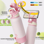 Fjbottle Thermosfles met rietje, magnetische handgreep voor telefoon + dubbel drinksysteem, sportfles, 1 l/700/600 ml, opening met 1 klik, BPA-vrij, lekvrij, voor fitnessstudio, yoga