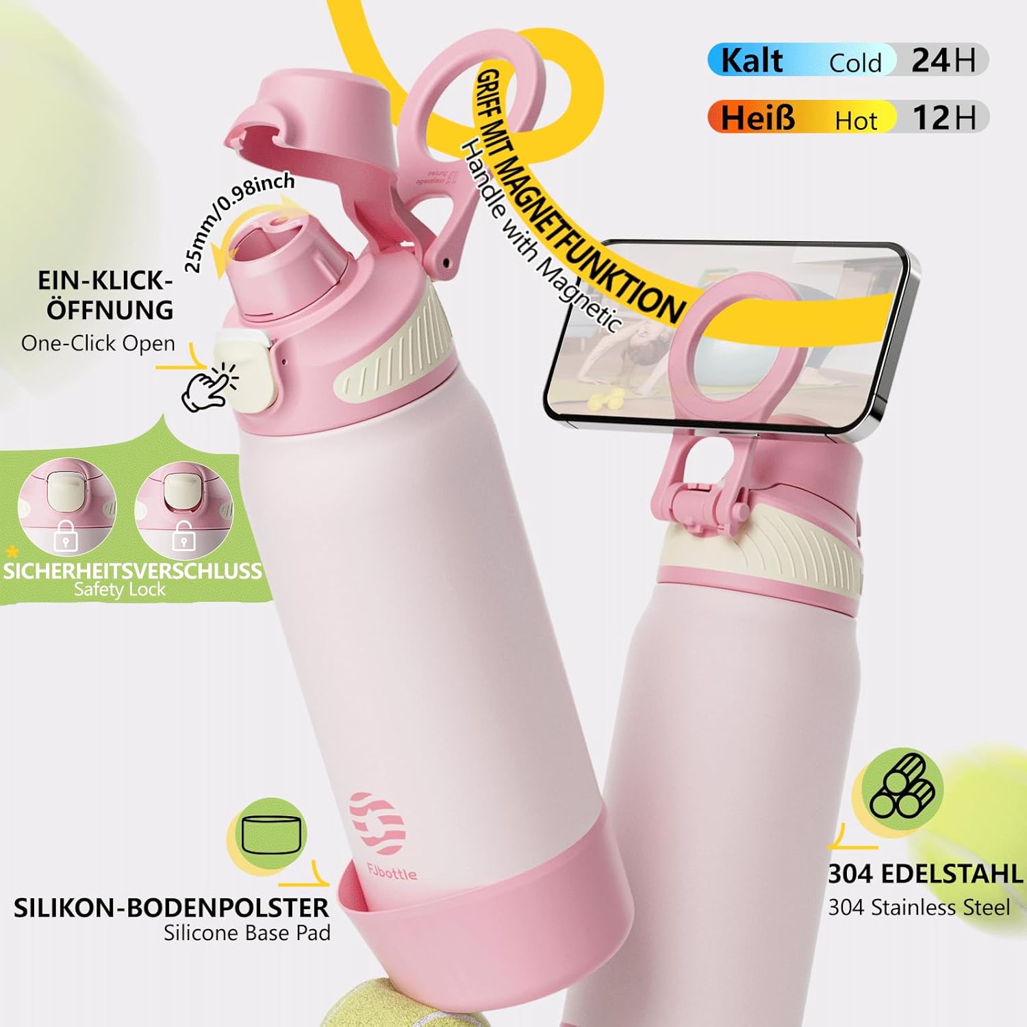 Fjbottle Thermosfles met rietje, magnetische handgreep voor telefoon + dubbel drinksysteem, sportfles, 1 l/700/600 ml, opening met 1 klik, BPA-vrij, lekvrij, voor fitnessstudio, yoga